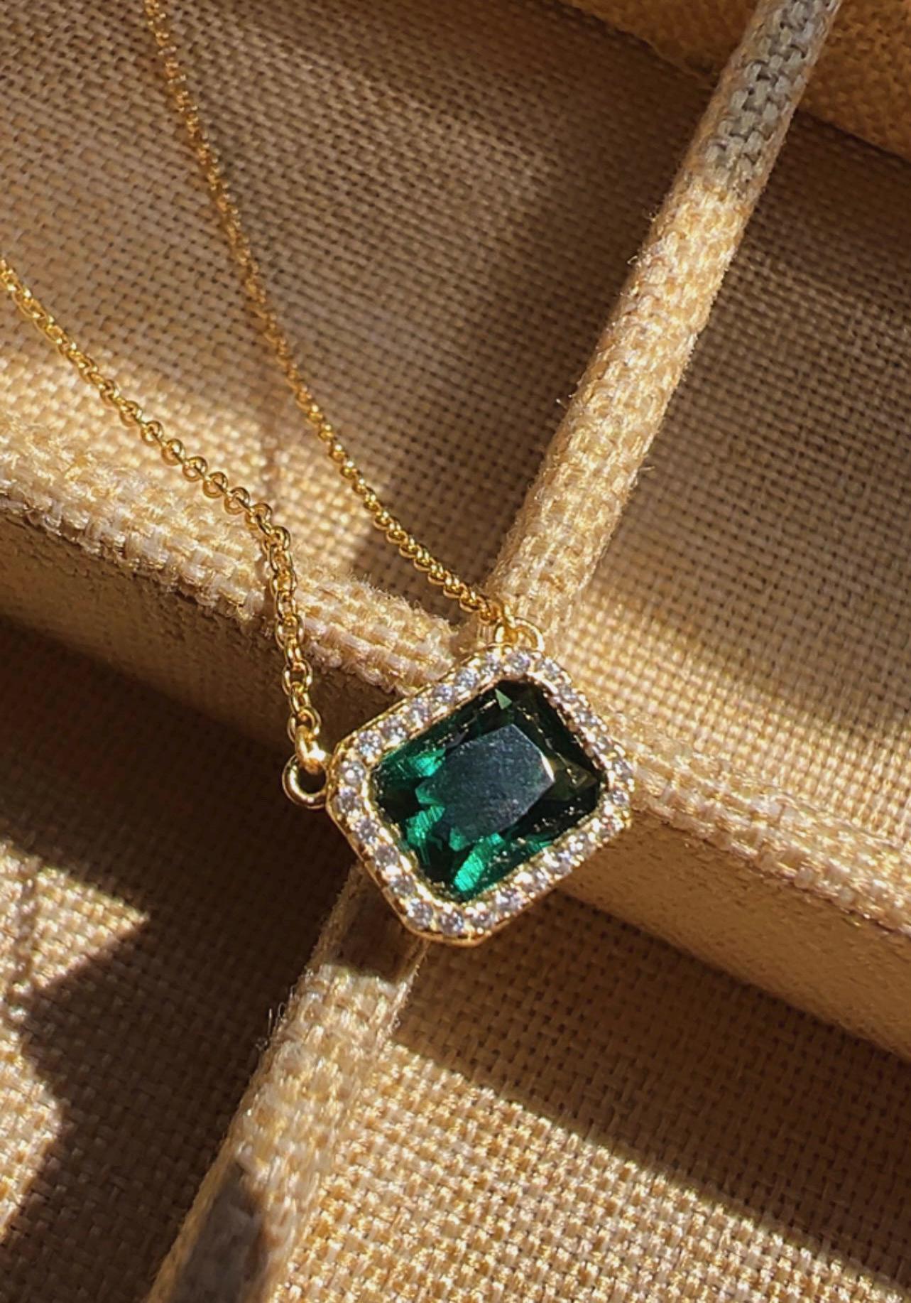 Emerald Pendant Necklace: 14 Carat Gold Plated, Cubic Zirconia