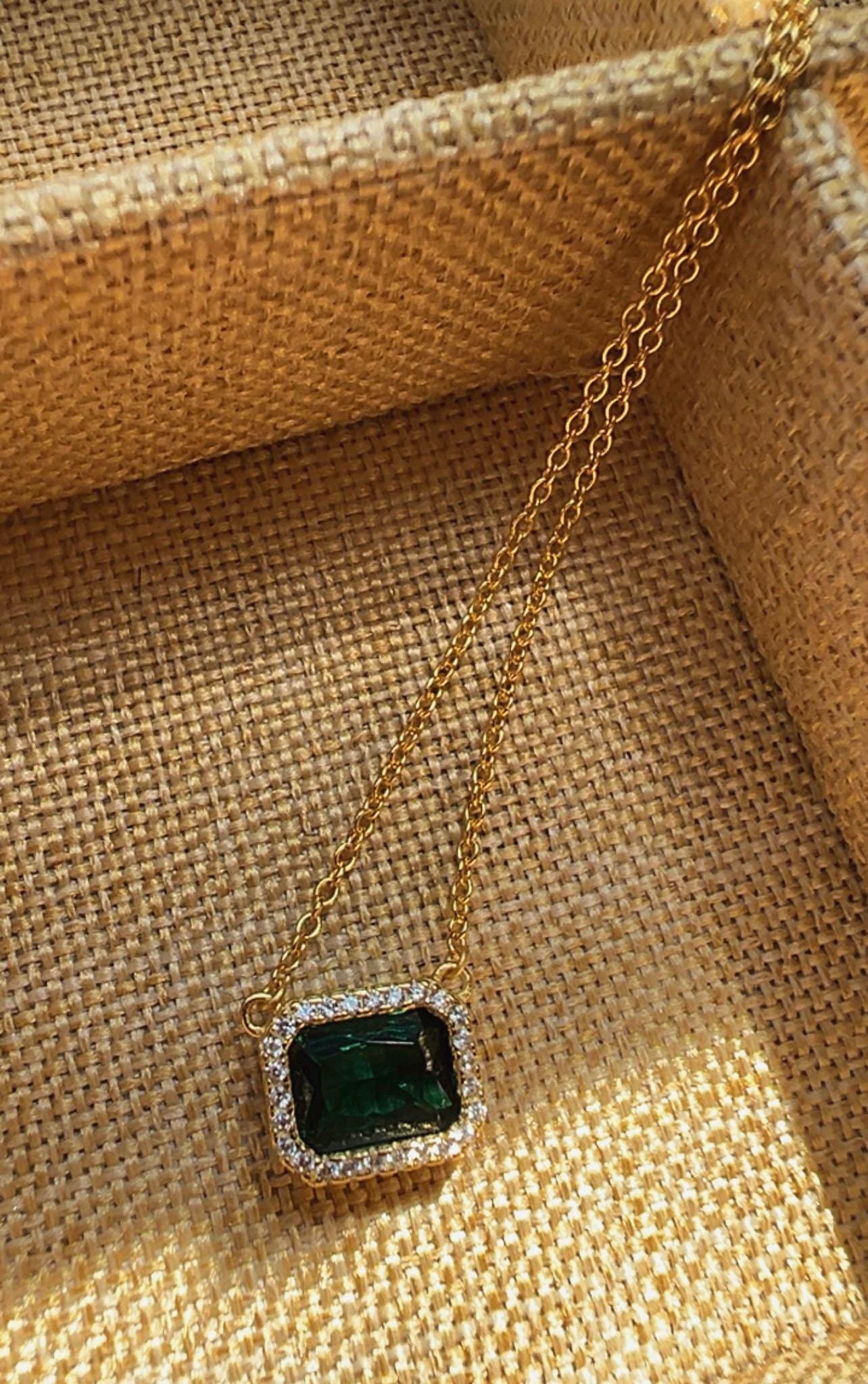 Emerald Pendant Necklace: 14 Carat Gold Plated, Cubic Zirconia