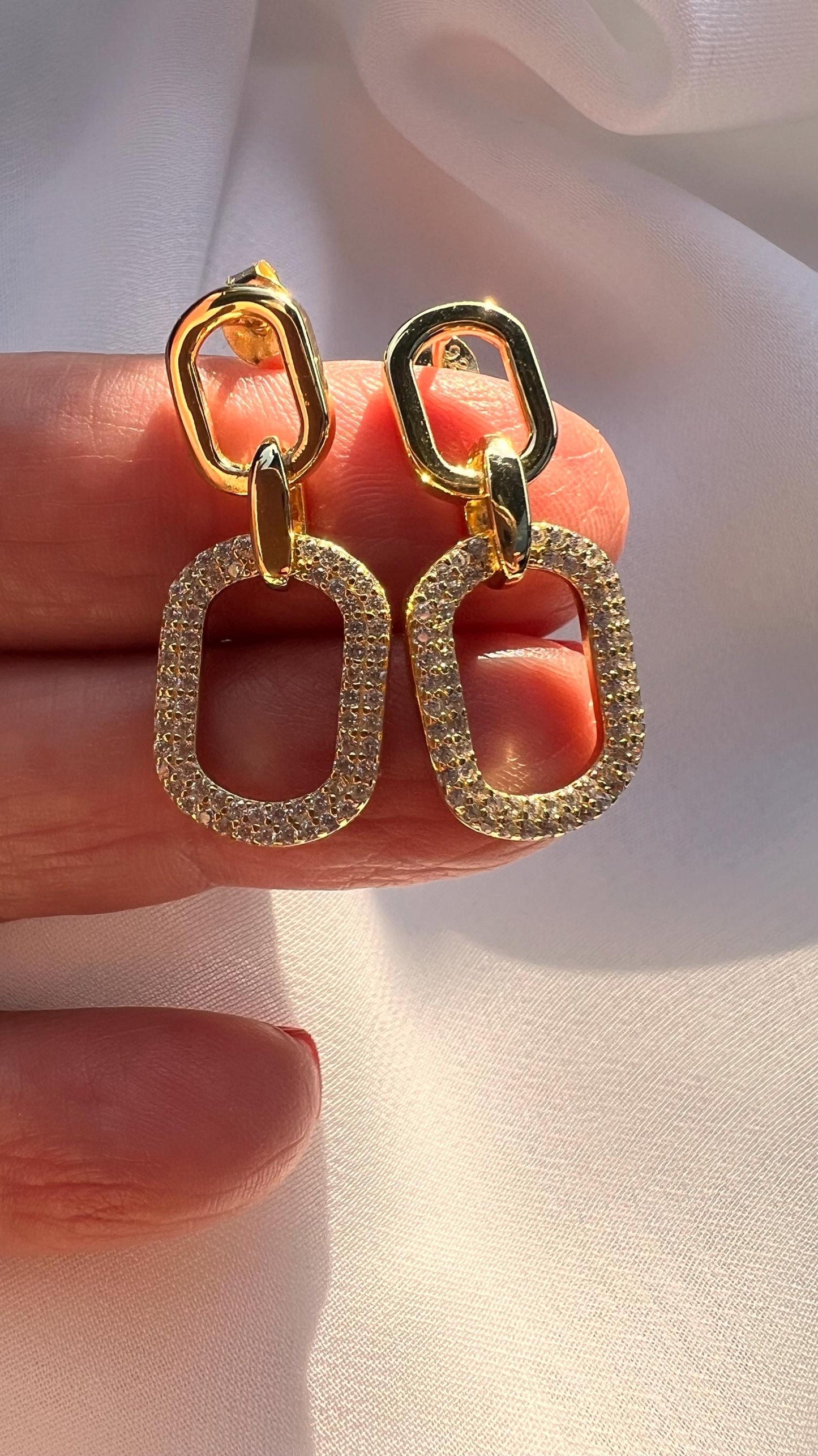 Gold Double Link Dangle Earrings: Cubic Zirconia Pavé