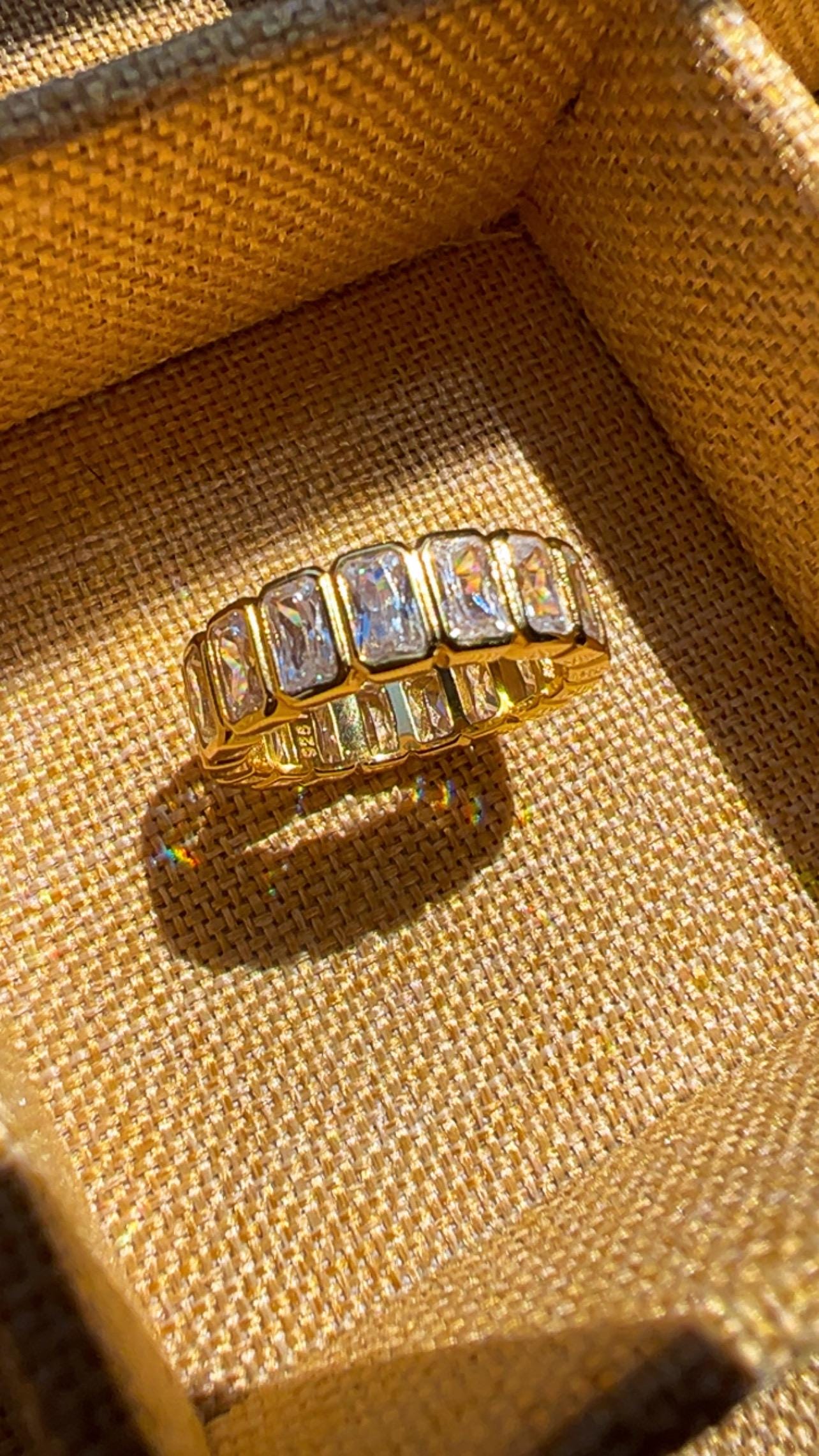 14k Gold Plated Eternity Band, Emerald Cut CZ Stacking Ring,Emerald Cut Bezel Set Full Eternity Band,Stackable Eternity Band,Wedding Band