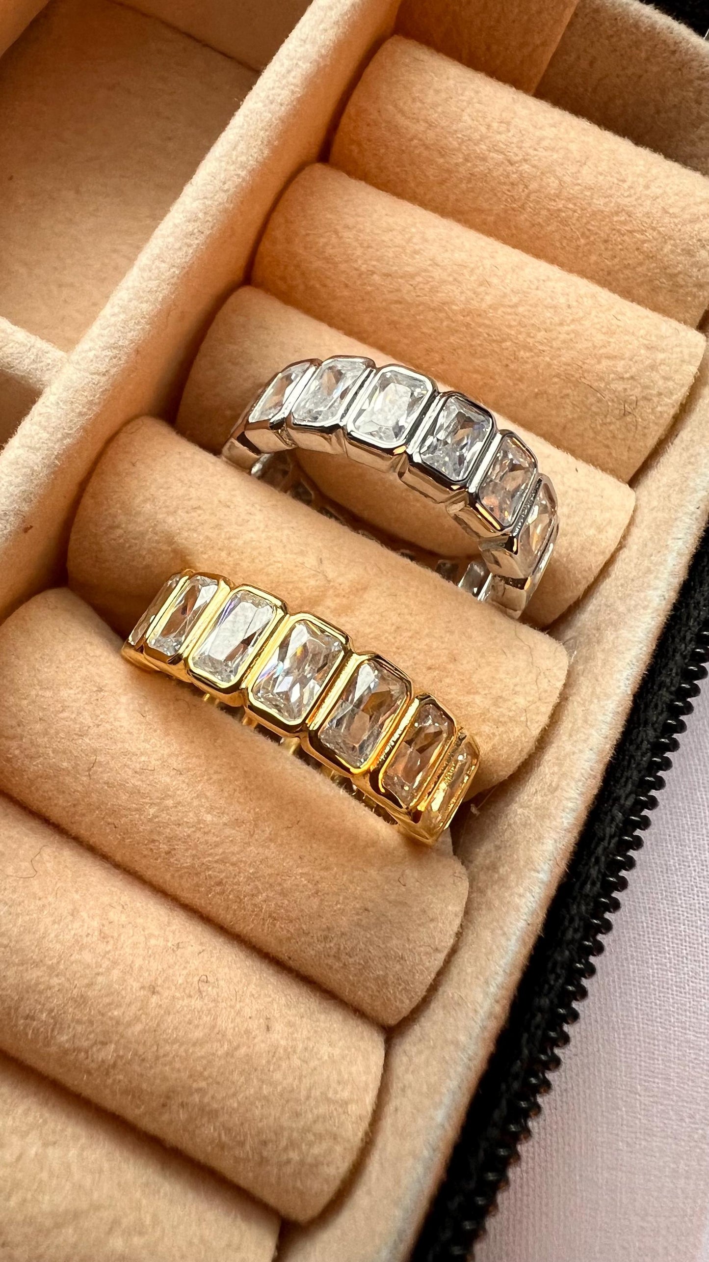 14k Gold Plated Eternity Band, Emerald Cut CZ Stacking Ring,Emerald Cut Bezel Set Full Eternity Band,Stackable Eternity Band,Wedding Band
