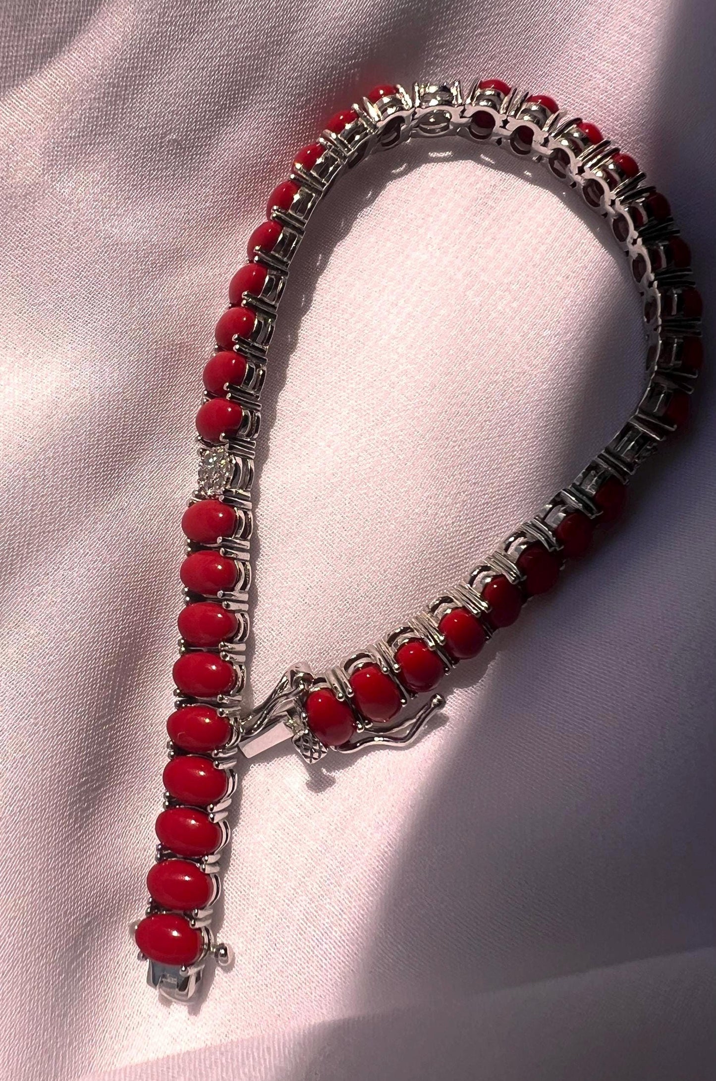 Sterling Silver Coral Tennis Bracelet with CZ Gemstones