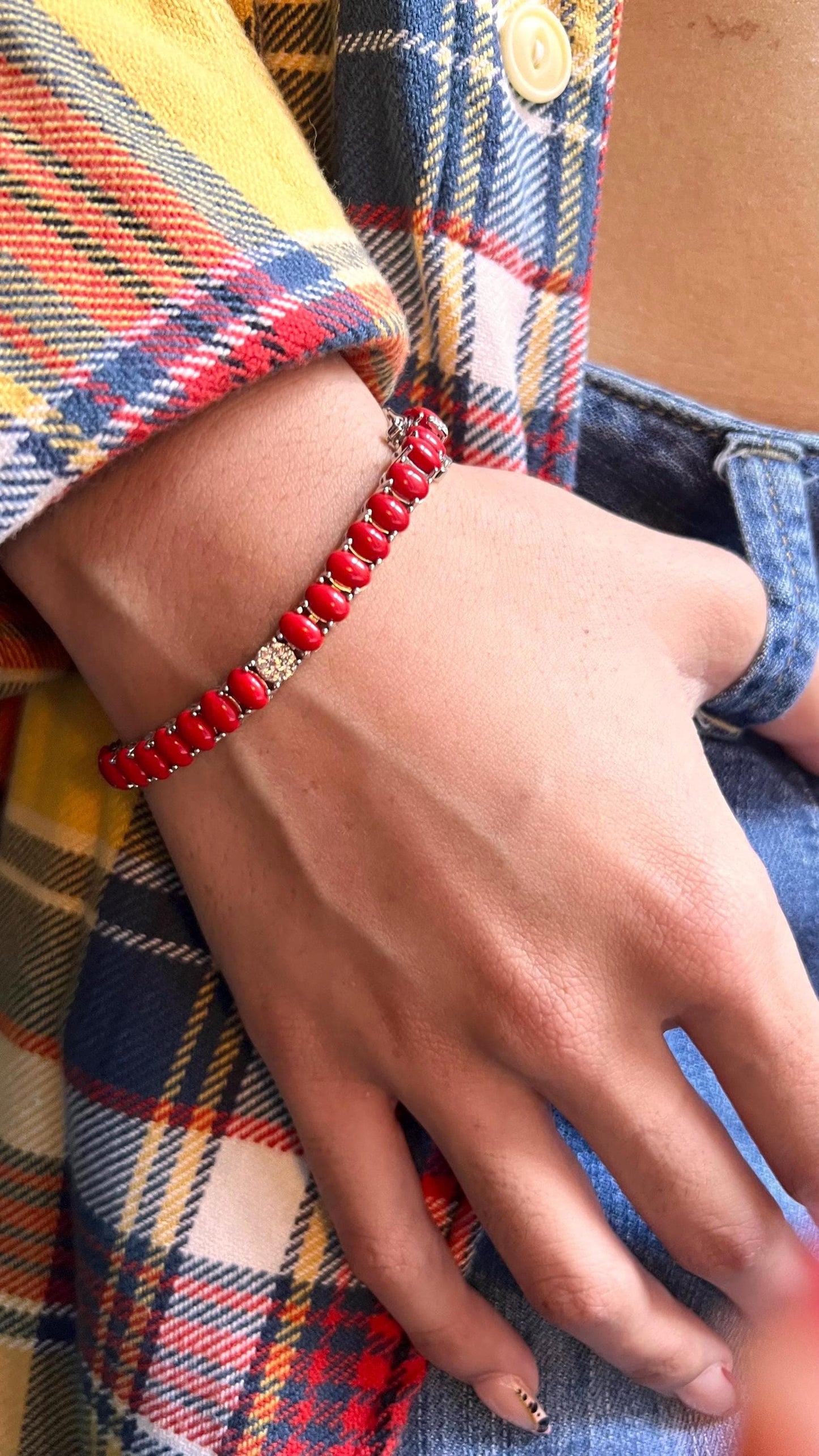Sterling Silver Coral Tennis Bracelet with CZ Gemstones