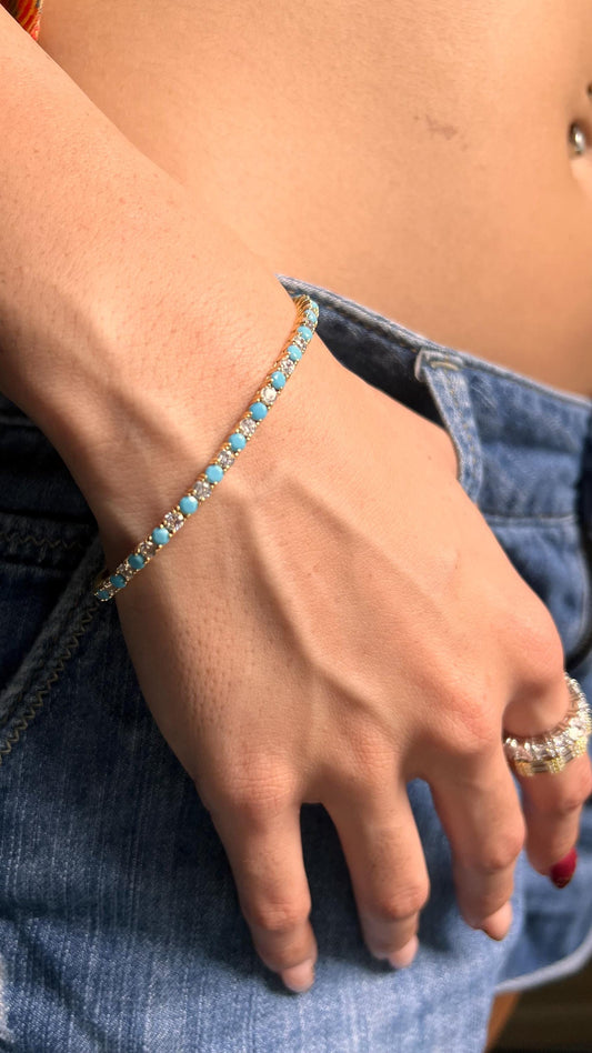 Sterling Silver Turquoise Tennis Bracelet with Cubic Zirconia