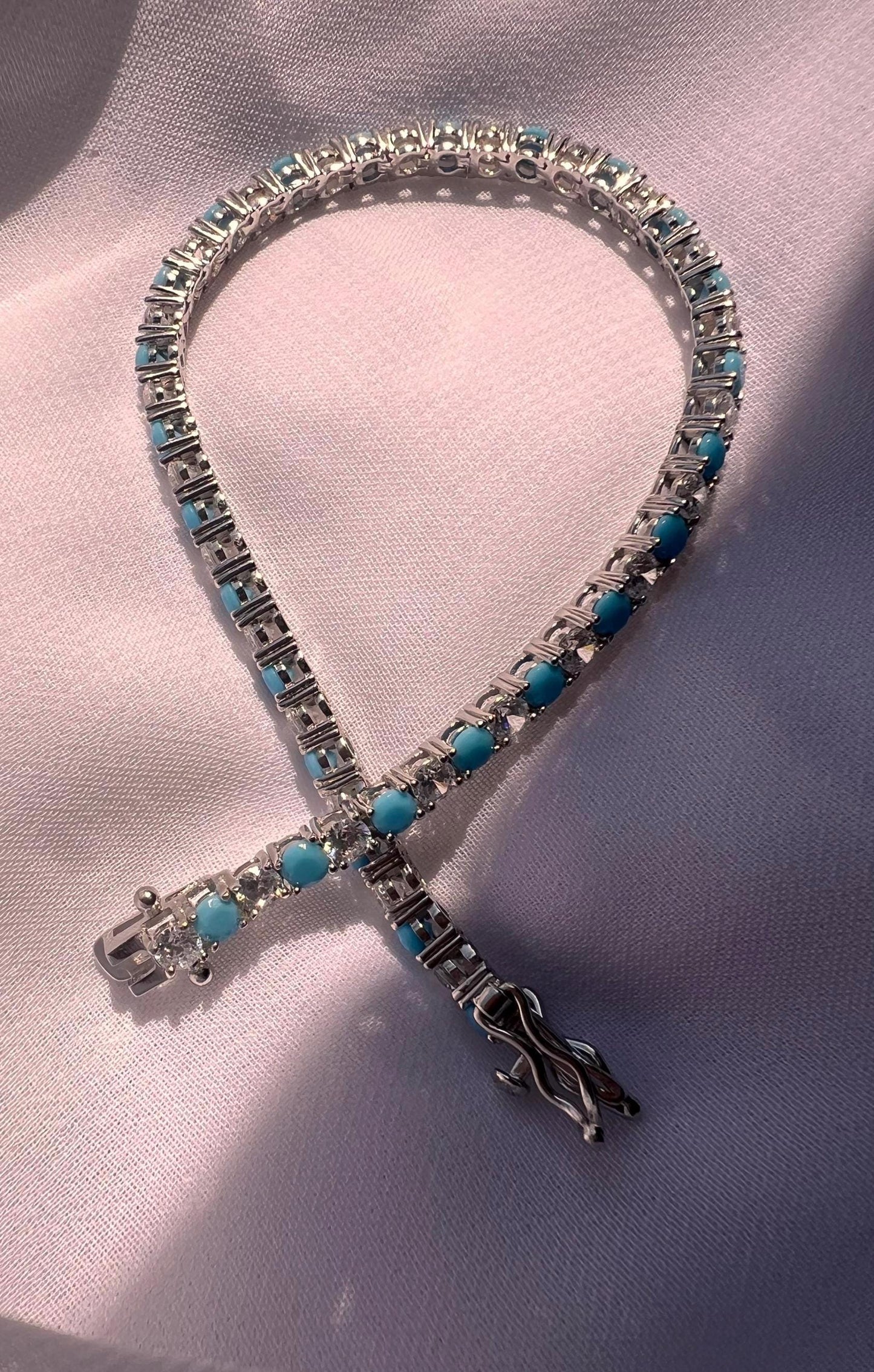 Sterling Silver Turquoise Tennis Bracelet with Cubic Zirconia