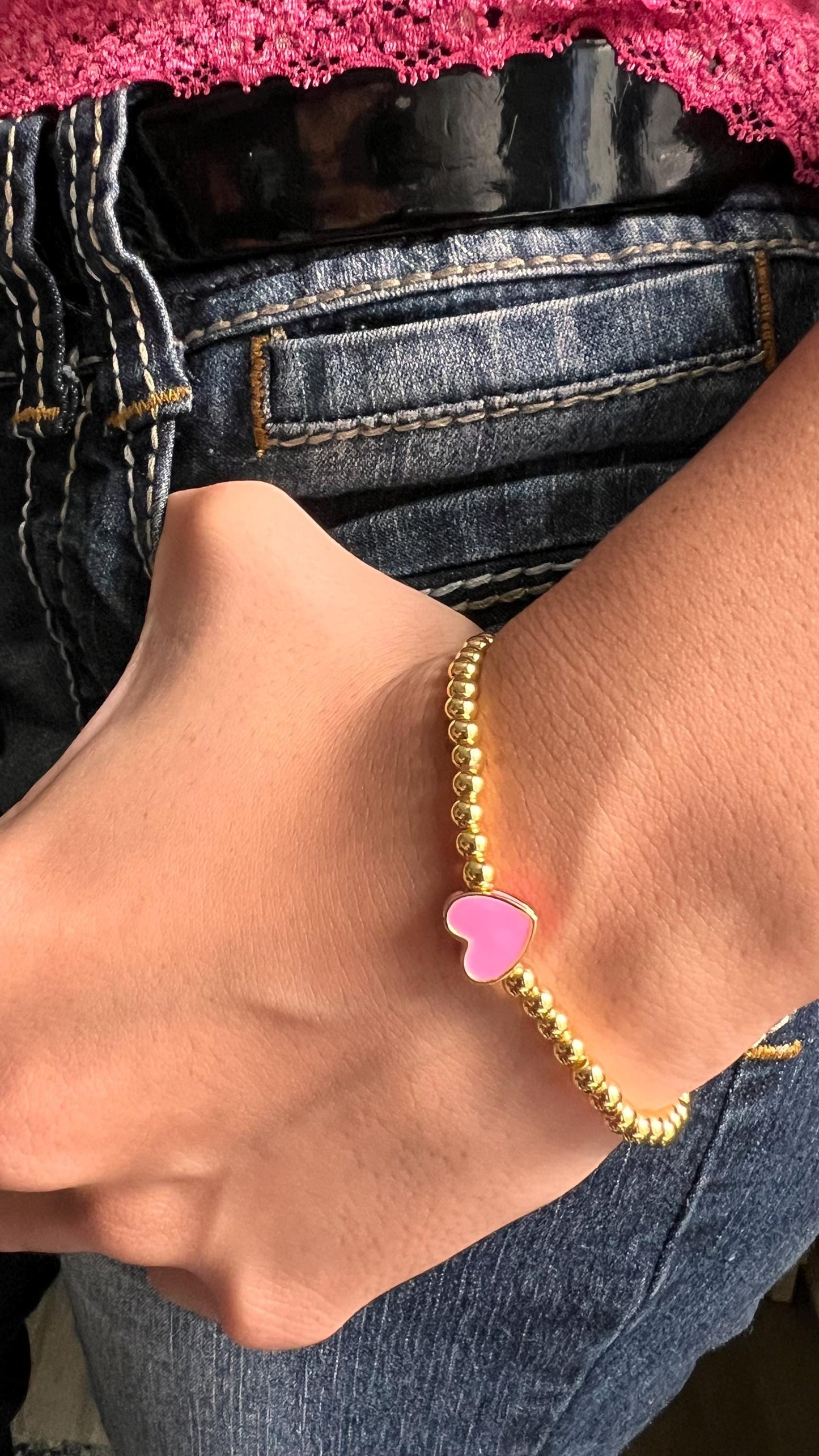 Gold-Filled Beaded Heart Bracelet: Stretchy Stackable Design