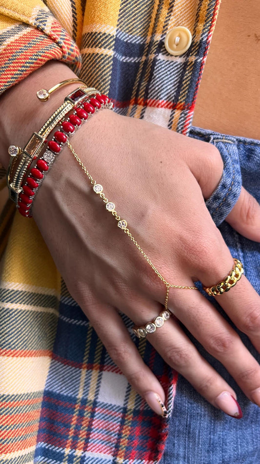 Gold Plated Hand Chain Bracelet with Cubic Zirconia