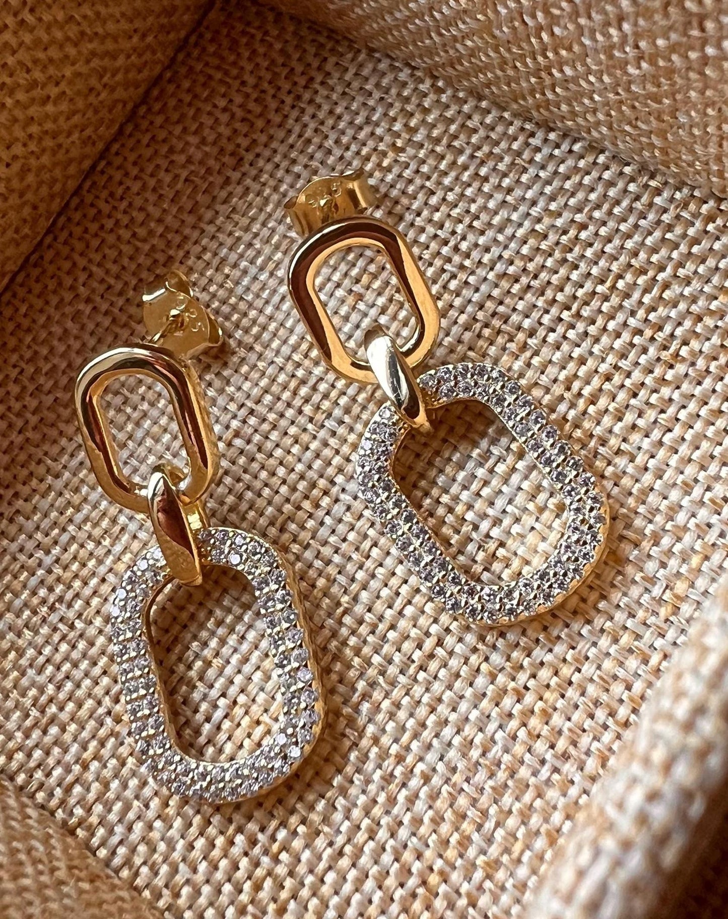 Gold Double Link Dangle Earrings: Cubic Zirconia Pavé