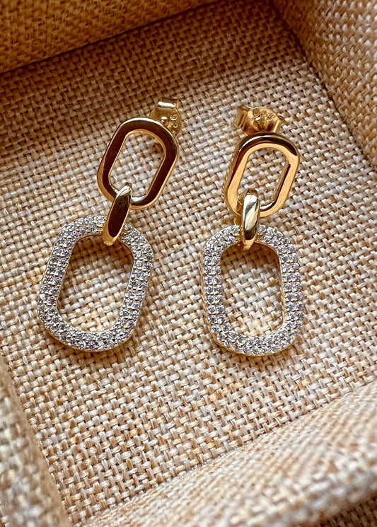 Gold Double Link Dangle Earrings: Cubic Zirconia Pavé