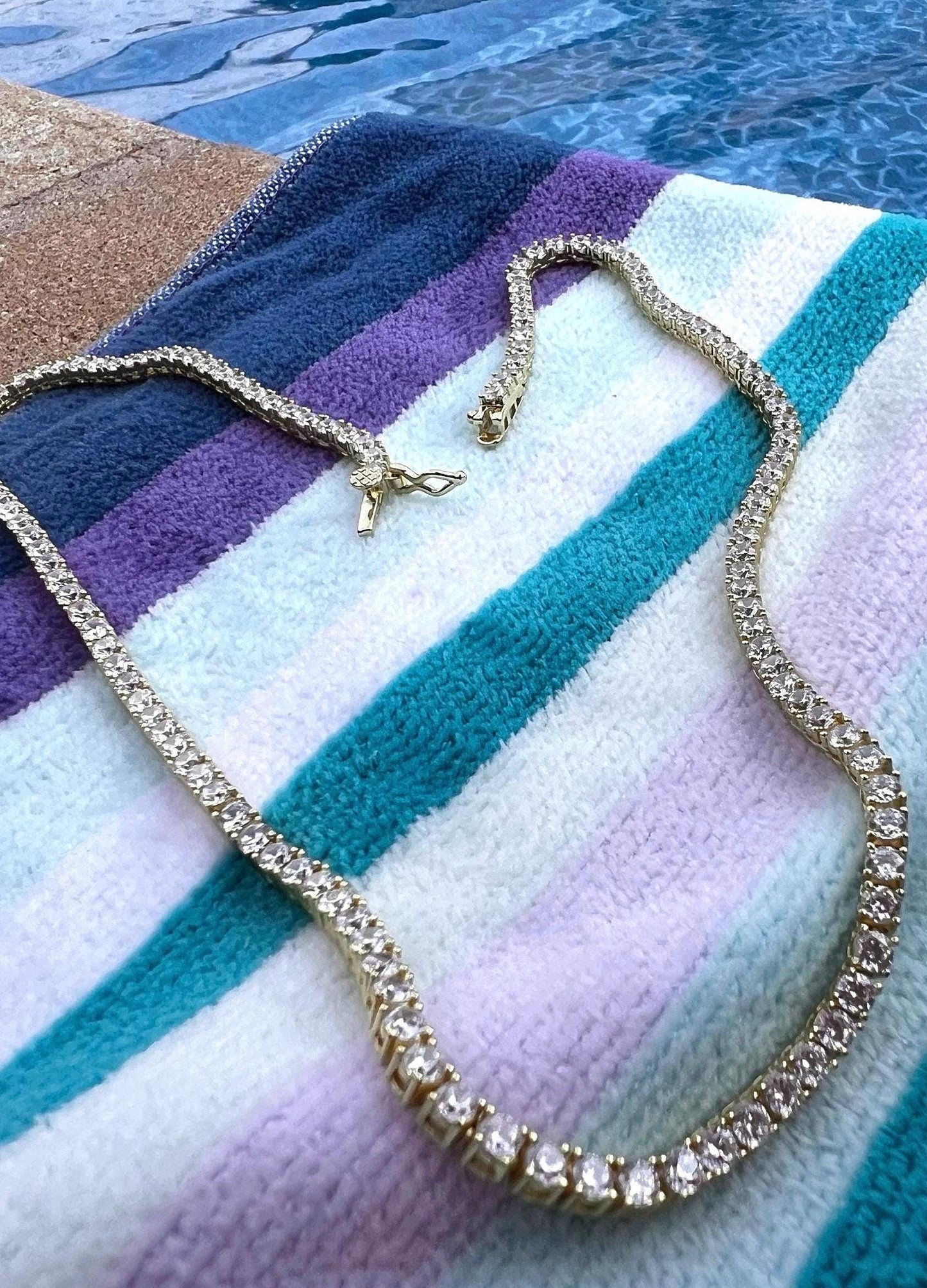 Gold Plated Tennis Necklace: Cubic Zirconia Sterling Silver Bridal Jewelry,Tennis Necklace,Layering Necklace,Gold Stacking Necklace