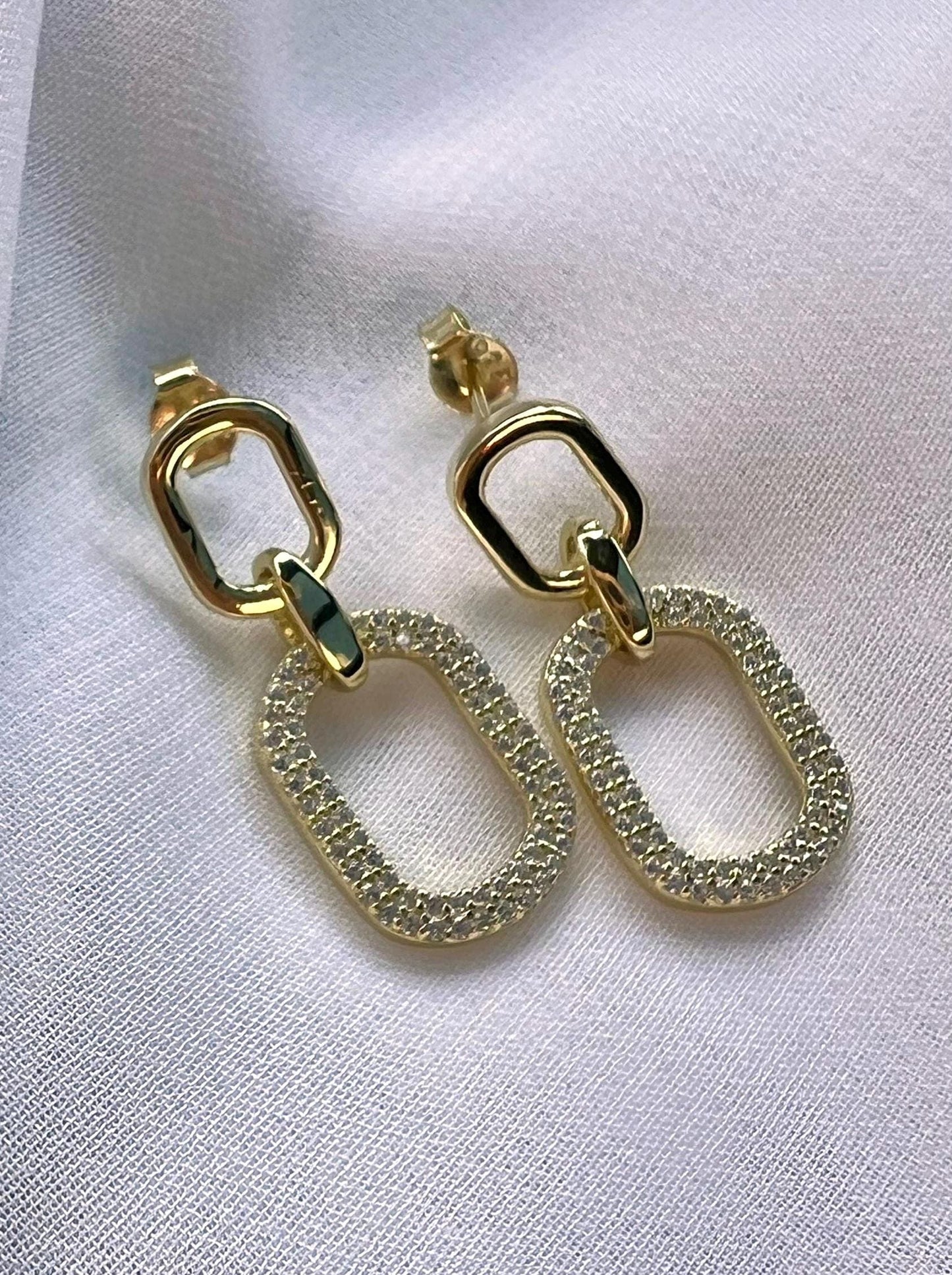 Gold Double Link Dangle Earrings: Cubic Zirconia Pavé