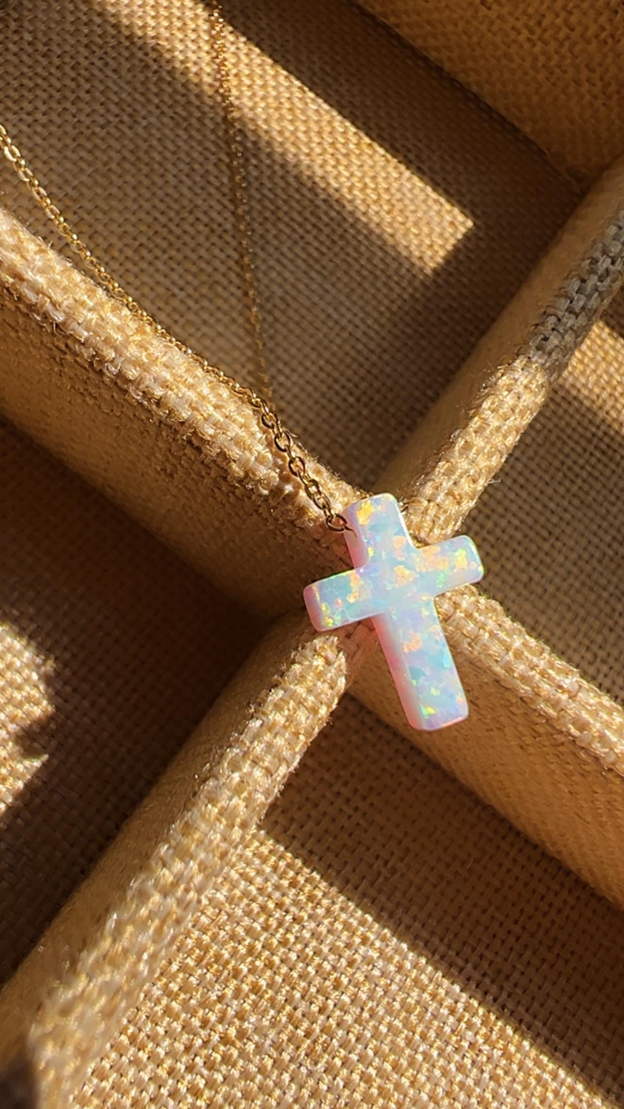 White Opal Cross Necklace: 14k Gold Plated Sterling Silver Pendant