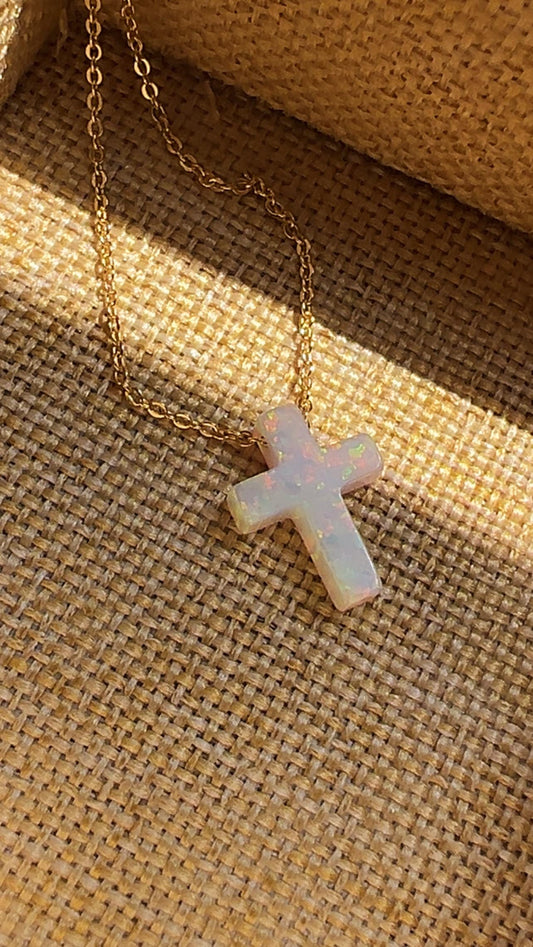 White Opal Cross Necklace: 14k Gold Plated Sterling Silver Pendant