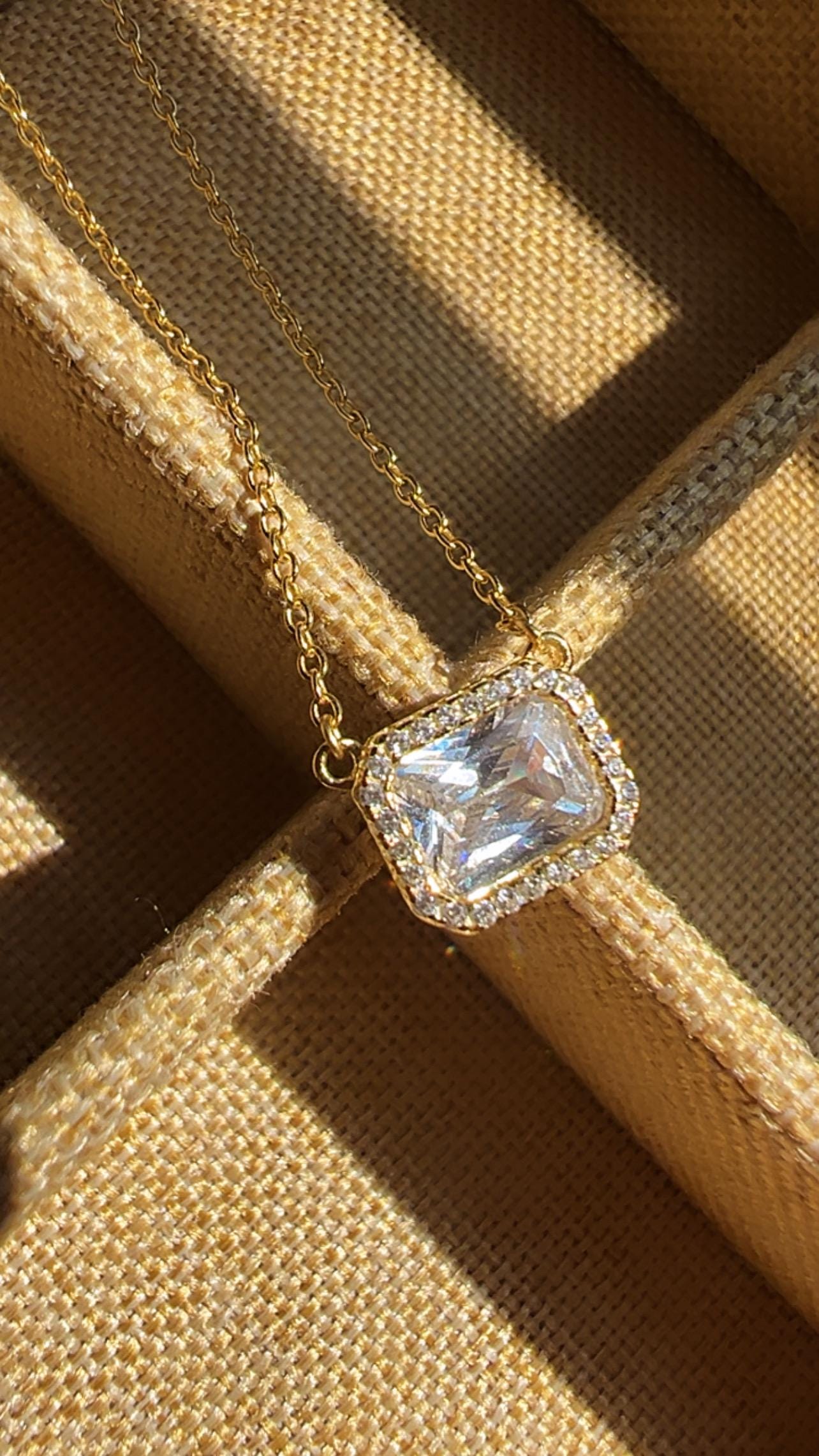Square CZ Solitaire Necklace: 14KT Gold Plated Sterling Silver