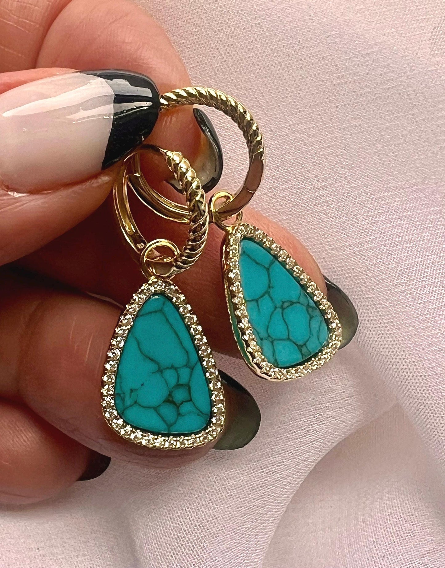 Gold Plated Turquoise Dangle Earrings with Cubic Zirconia