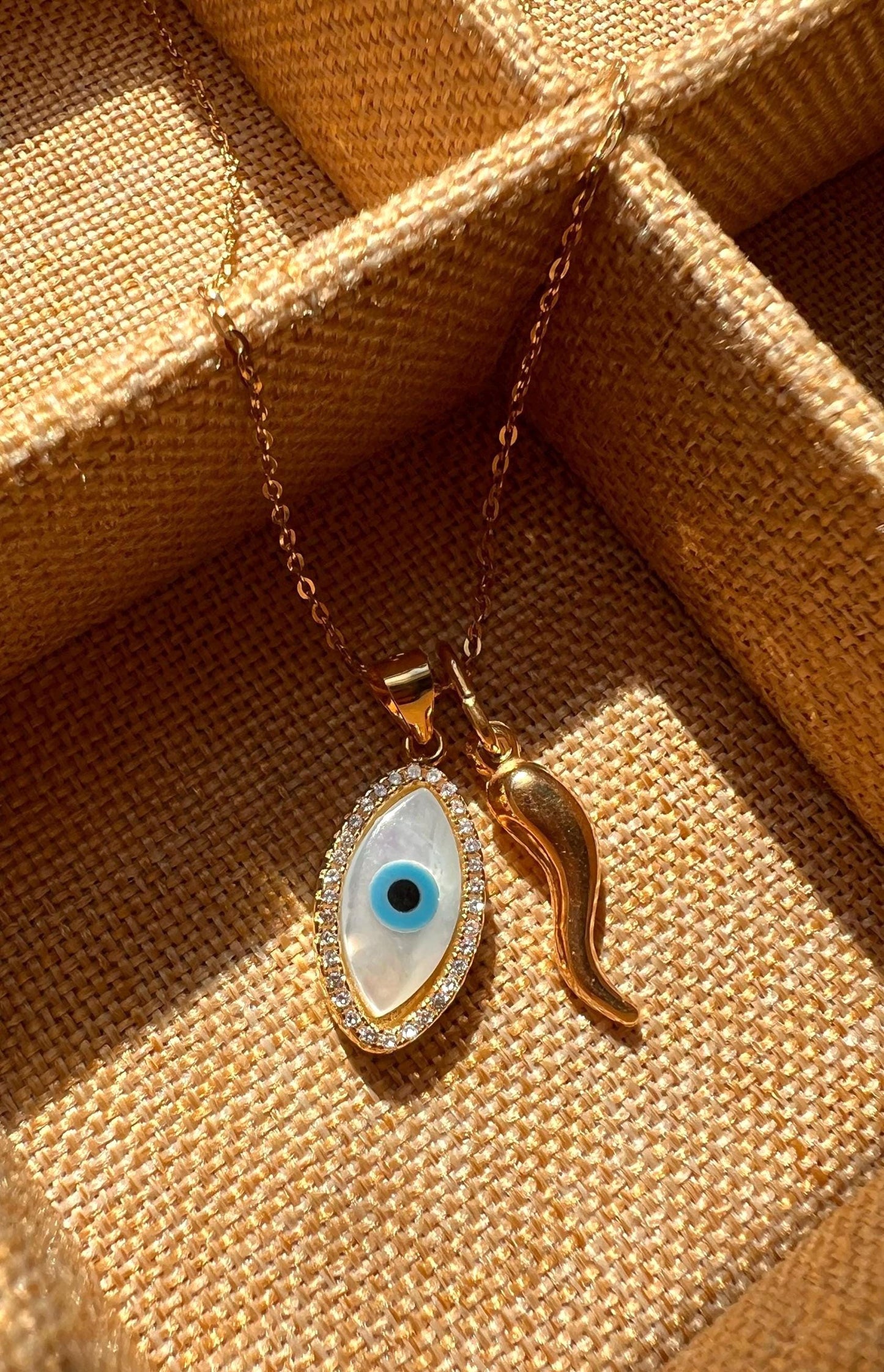 14k Gold Evil Eye Necklace: Mother of Pearl & Cubic Zirconia Horn Charm