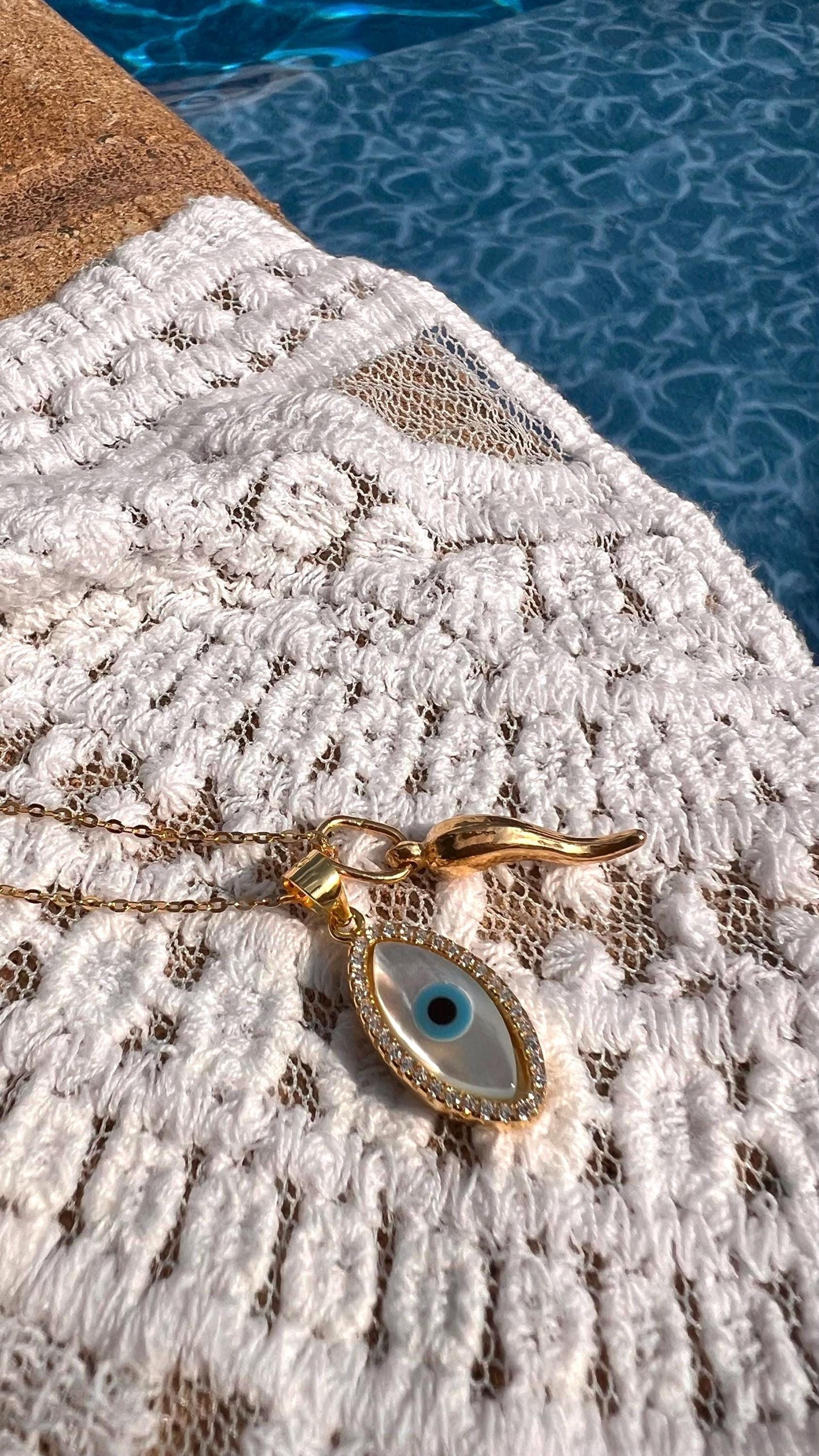 14k Gold Evil Eye Necklace: Mother of Pearl & Cubic Zirconia Horn Charm