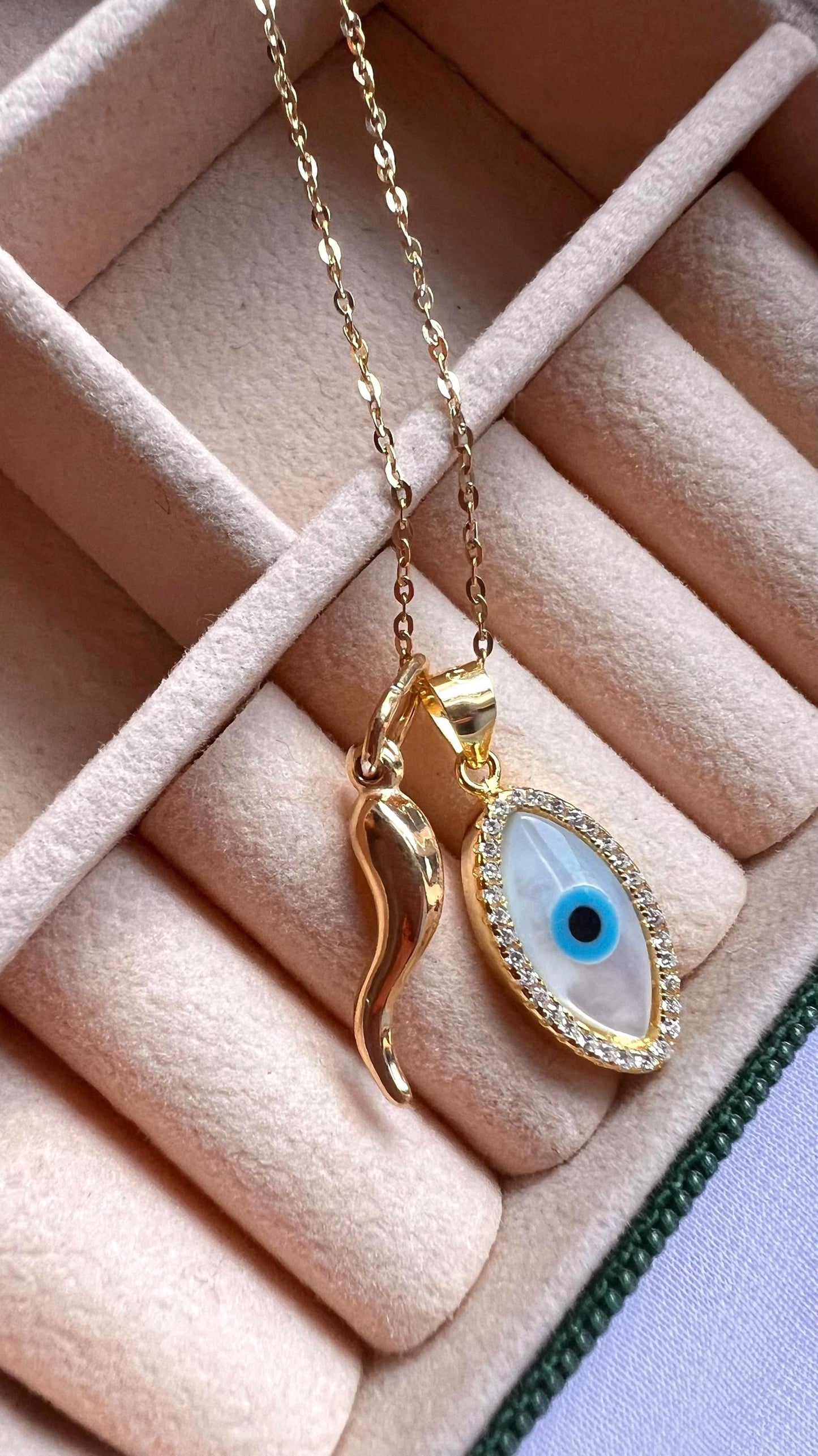 14k Gold Evil Eye Necklace: Mother of Pearl & Cubic Zirconia Horn Charm