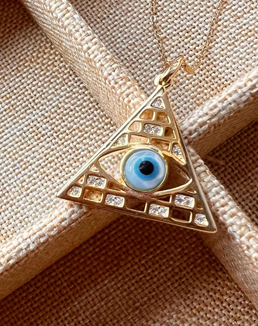 14K Gold Plated Triangle Evil Eye Pendant Necklace,Evil Eye Jewelry,Protection Jewelry, Everyday Jewelry,Unisex Jewelry