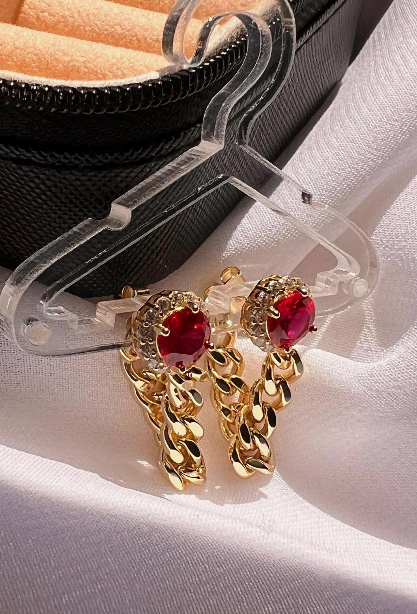 Gold link earring curb chain link dangle drop earrings red stone earring cubic zirconia link earrings drop and dangle earrings gift ideas