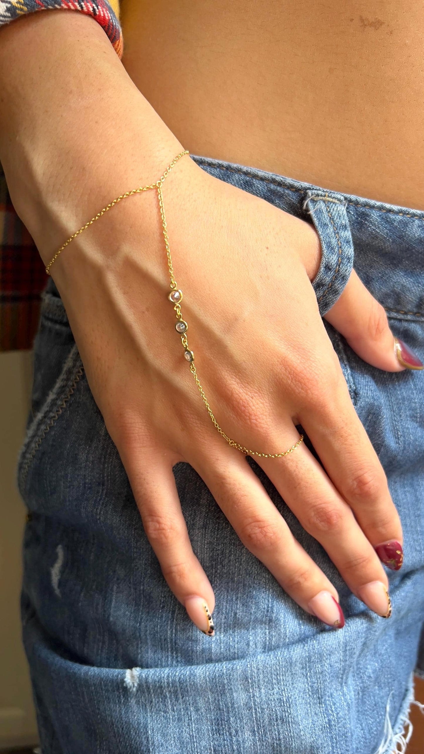 Gold Plated Hand Chain Bracelet with Cubic Zirconia