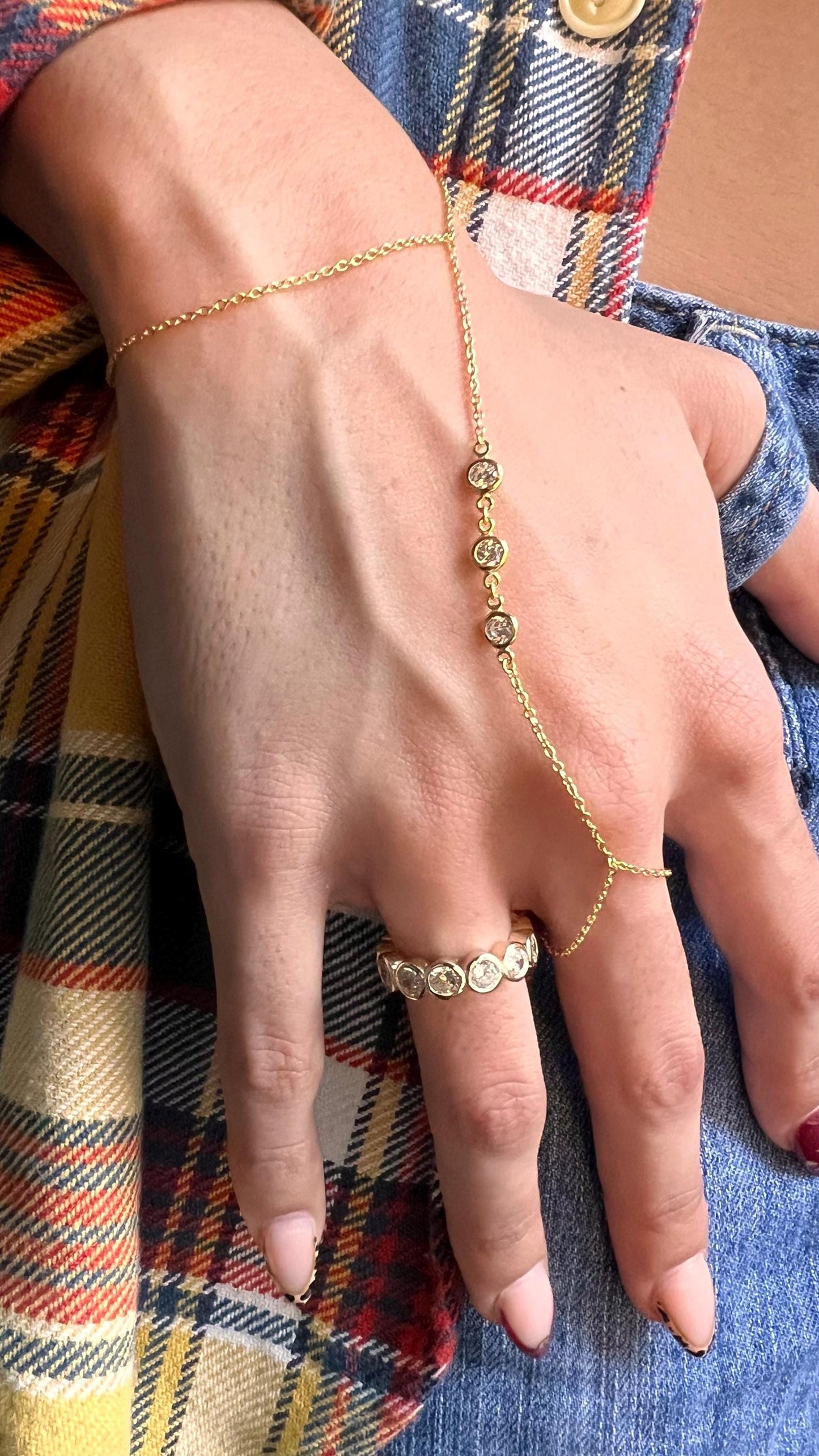 Gold Plated Hand Chain Bracelet with Cubic Zirconia