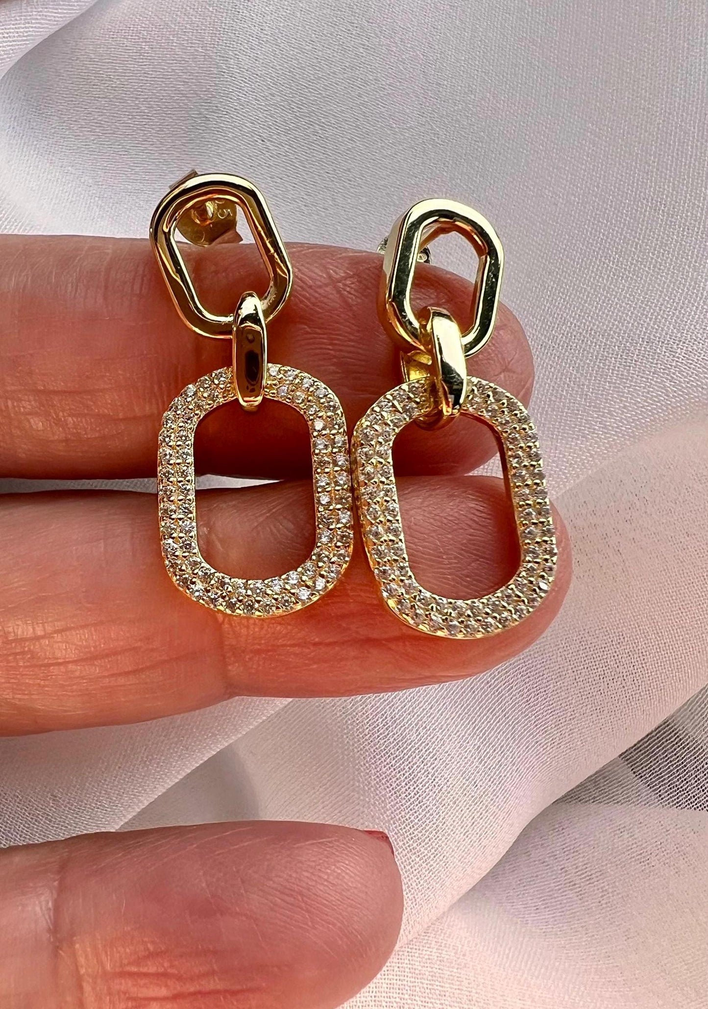 Gold Double Link Dangle Earrings: Cubic Zirconia Pavé