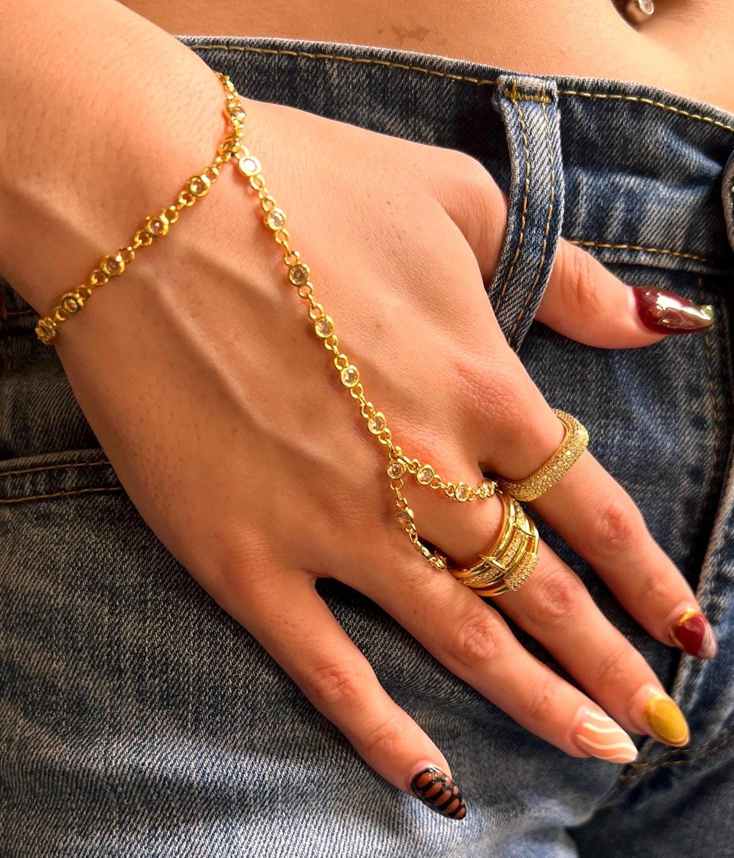 Gold hand chain , Ring bracelet hand chain gold , gold bracelet, hand chain , CZ adjustable hand chain ring Boho jewelry,gift for her