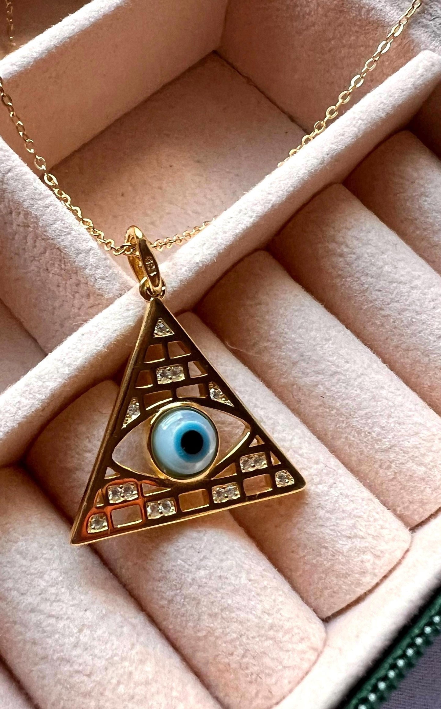 14K Gold Plated Triangle Evil Eye Pendant Necklace,Evil Eye Jewelry,Protection Jewelry, Everyday Jewelry,Unisex Jewelry