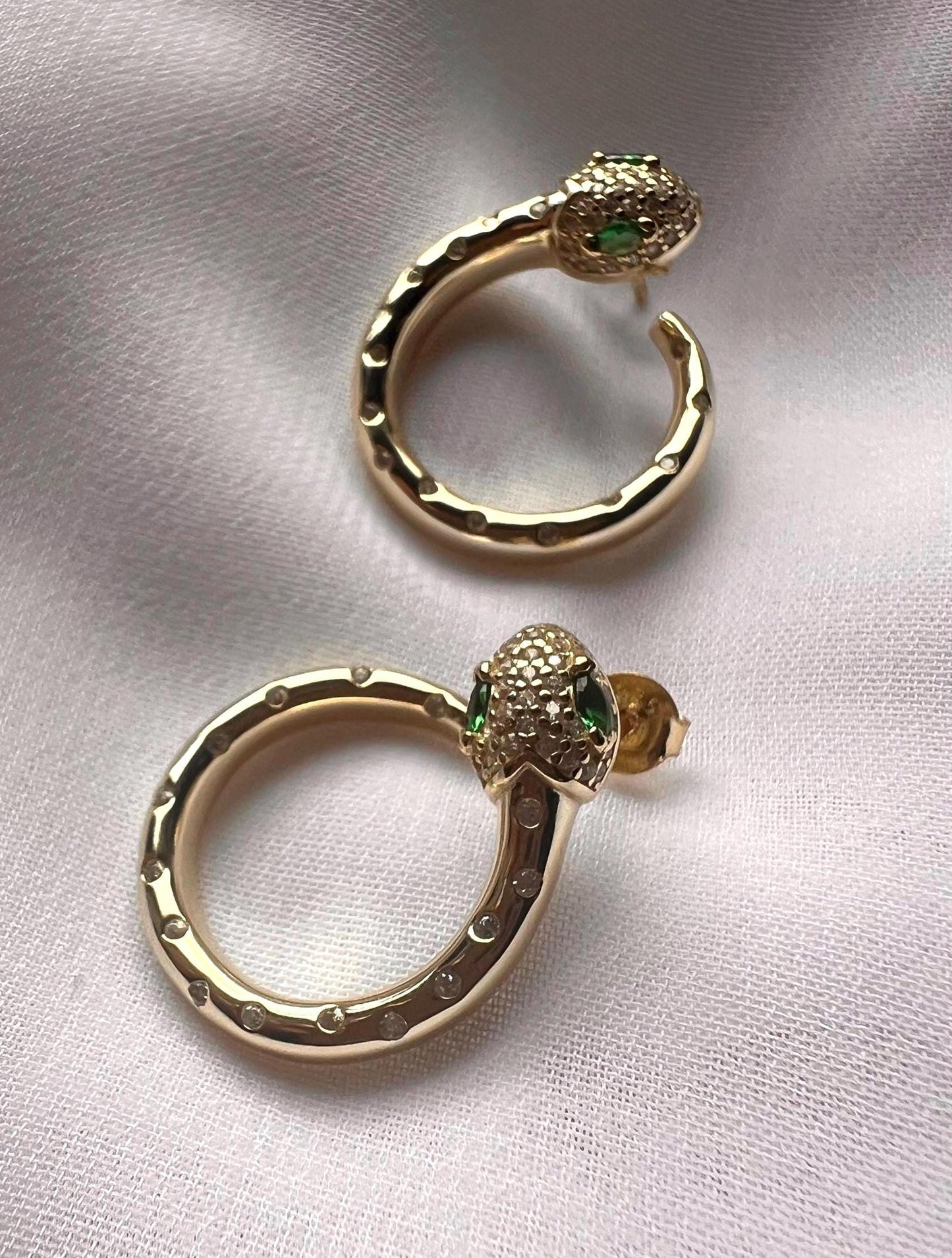 Gold Snake Earrings: CZ Serpent, 14K Gold Plated