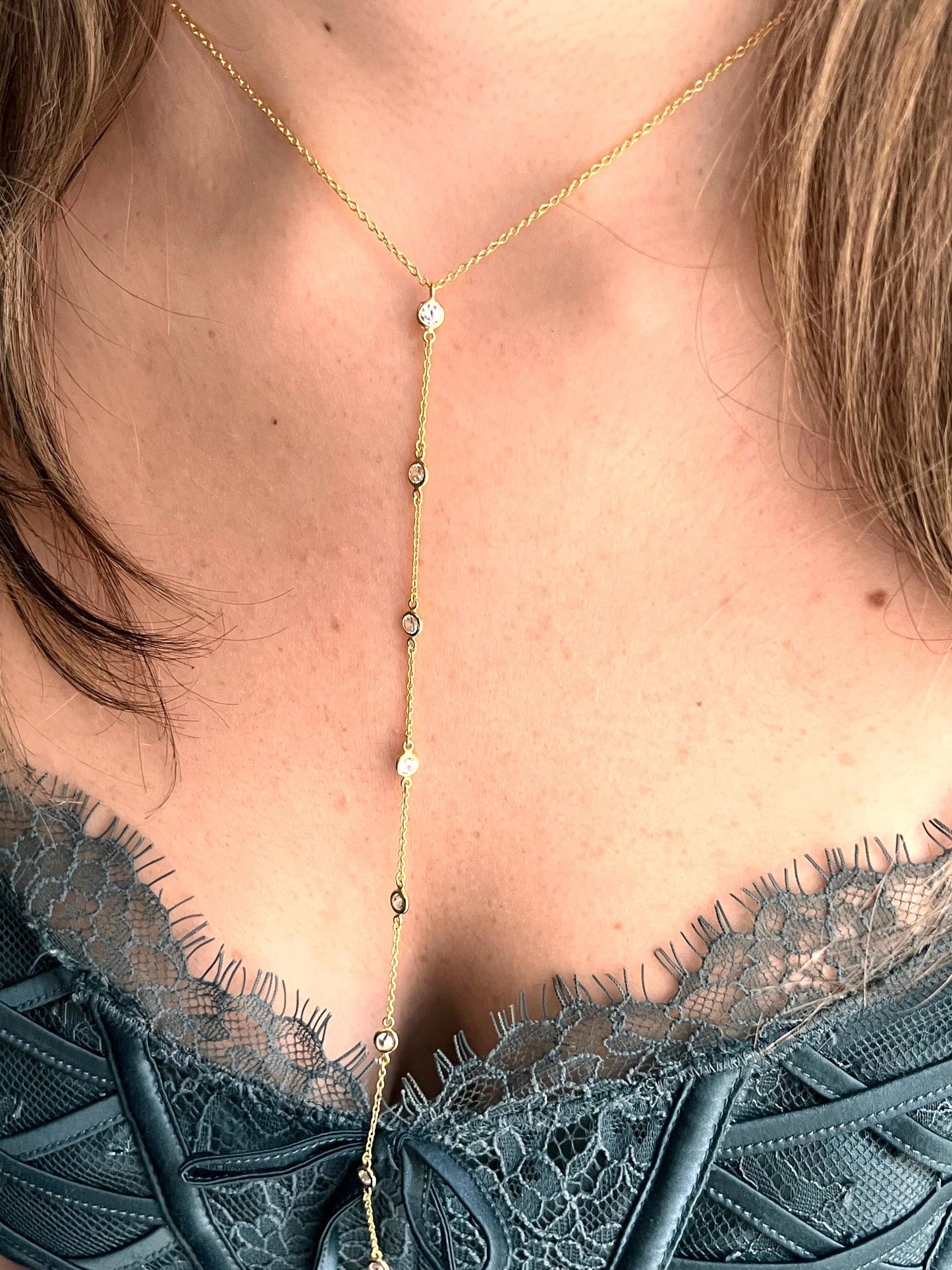 14 K Gold Plated Lariat Necklace with CZ Dainty Layering necklace minimalist gold jewelry CZ drop pendant gift for her everyday jewelry