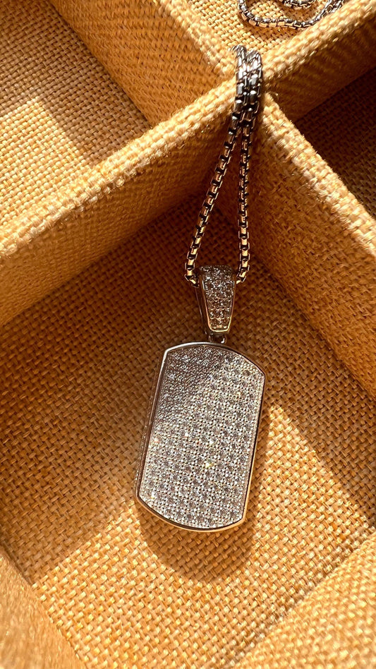 Men's Pave Cubic Zirconia Dog Tag Necklace - Sterling Silver