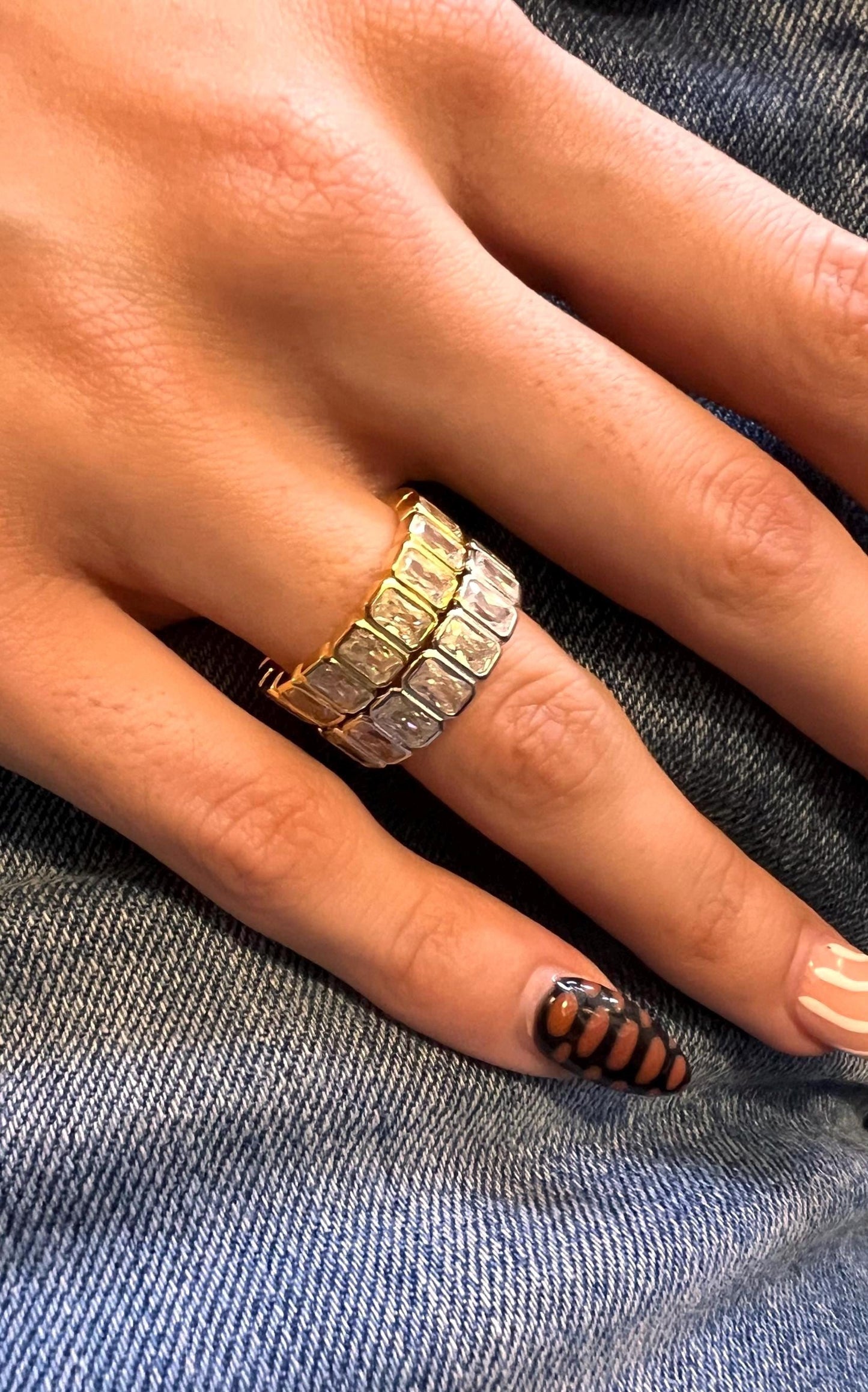 14k Gold Plated Eternity Band, Emerald Cut CZ Stacking Ring,Emerald Cut Bezel Set Full Eternity Band,Stackable Eternity Band,Wedding Band