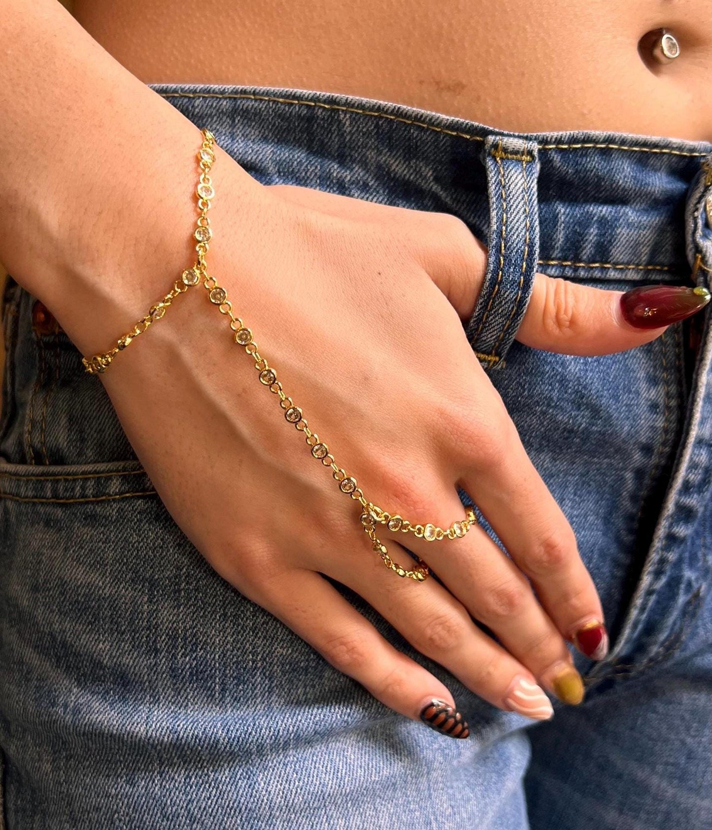 Gold hand chain , Ring bracelet hand chain gold , gold bracelet, hand chain , CZ adjustable hand chain ring Boho jewelry,gift for her