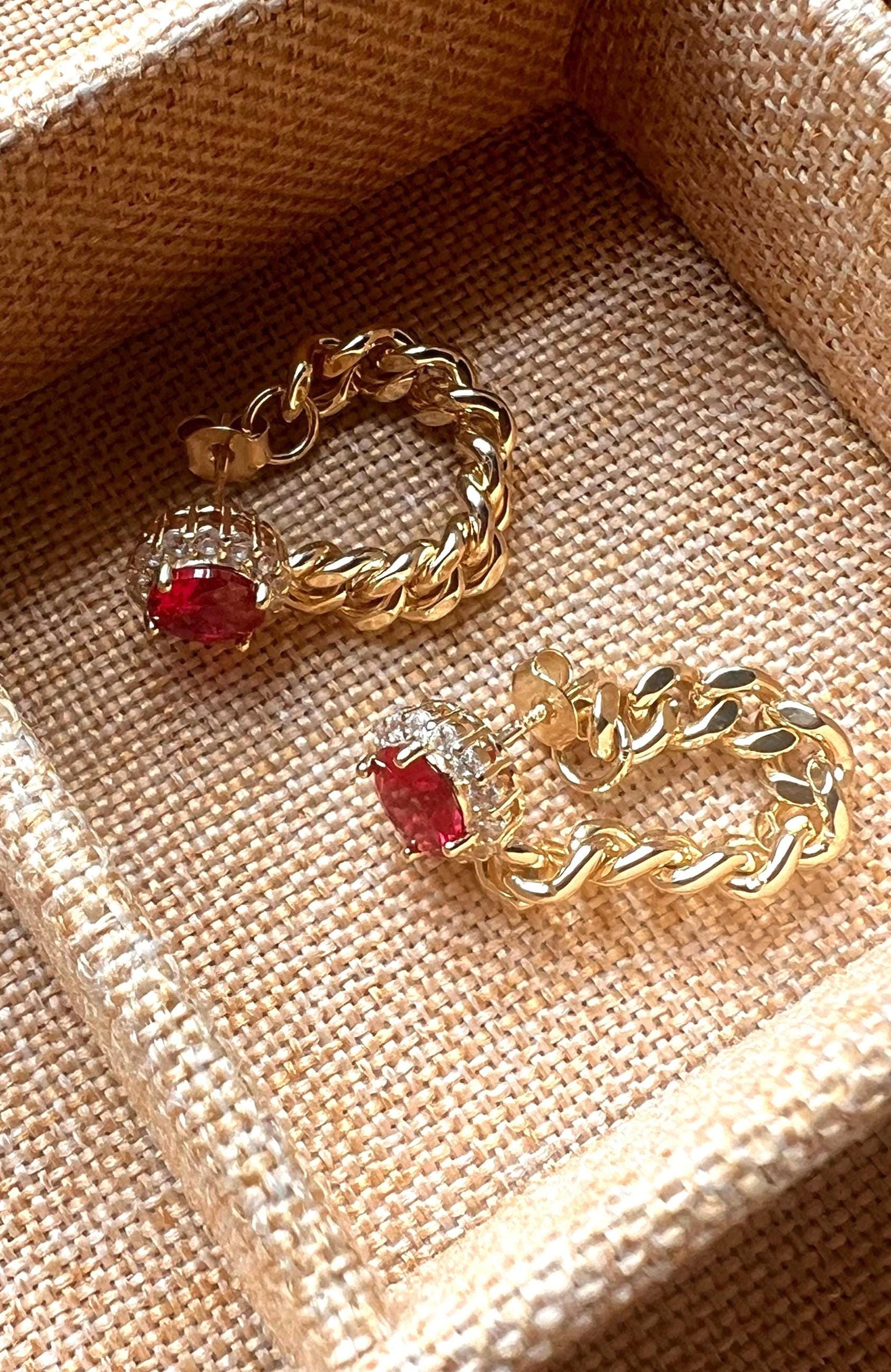 Gold link earring curb chain link dangle drop earrings red stone earring cubic zirconia link earrings drop and dangle earrings gift ideas