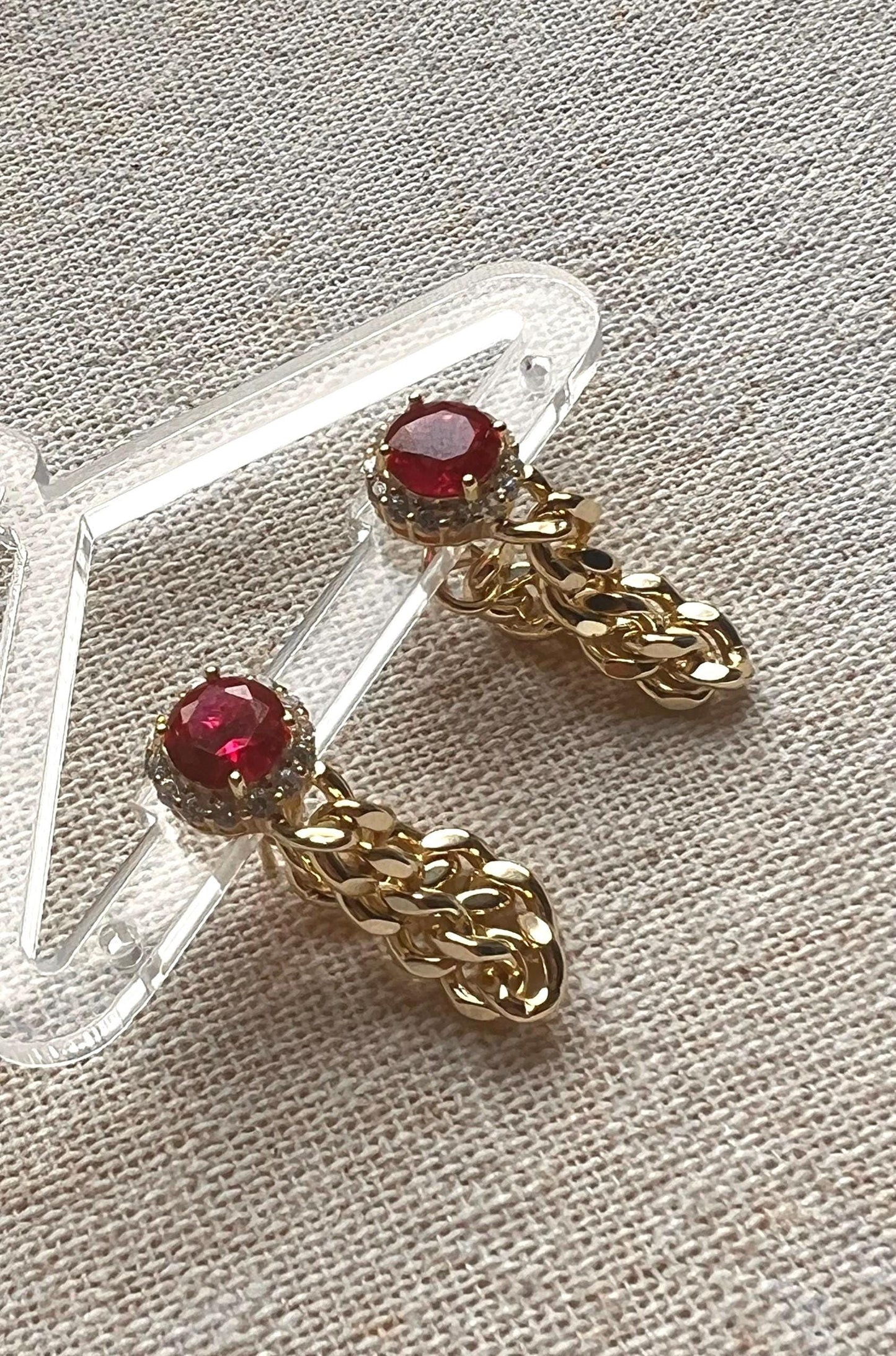 Gold link earring curb chain link dangle drop earrings red stone earring cubic zirconia link earrings drop and dangle earrings gift ideas