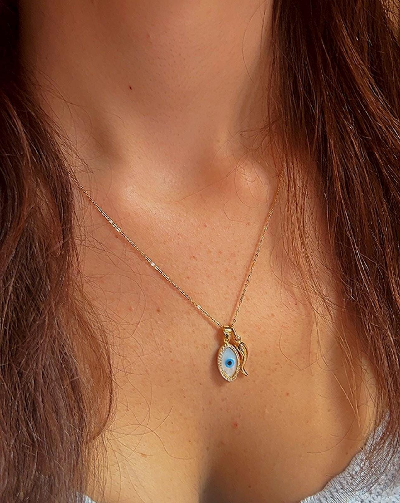 14k Gold Evil Eye Necklace: Mother of Pearl & Cubic Zirconia Horn Charm