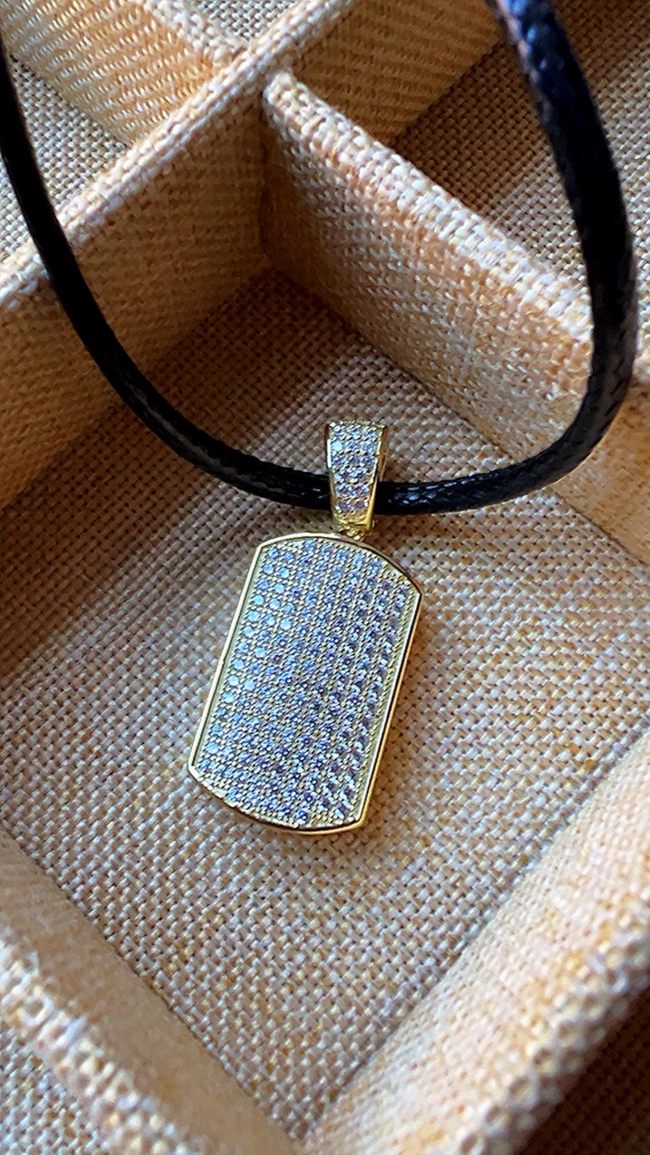 Leather Choker, 14K Gold Plated Dog Tag Pendant, Cubic Zirconia jewelry,Tag Jewelry,Pave Cubic Zirconia Silver Necklace
