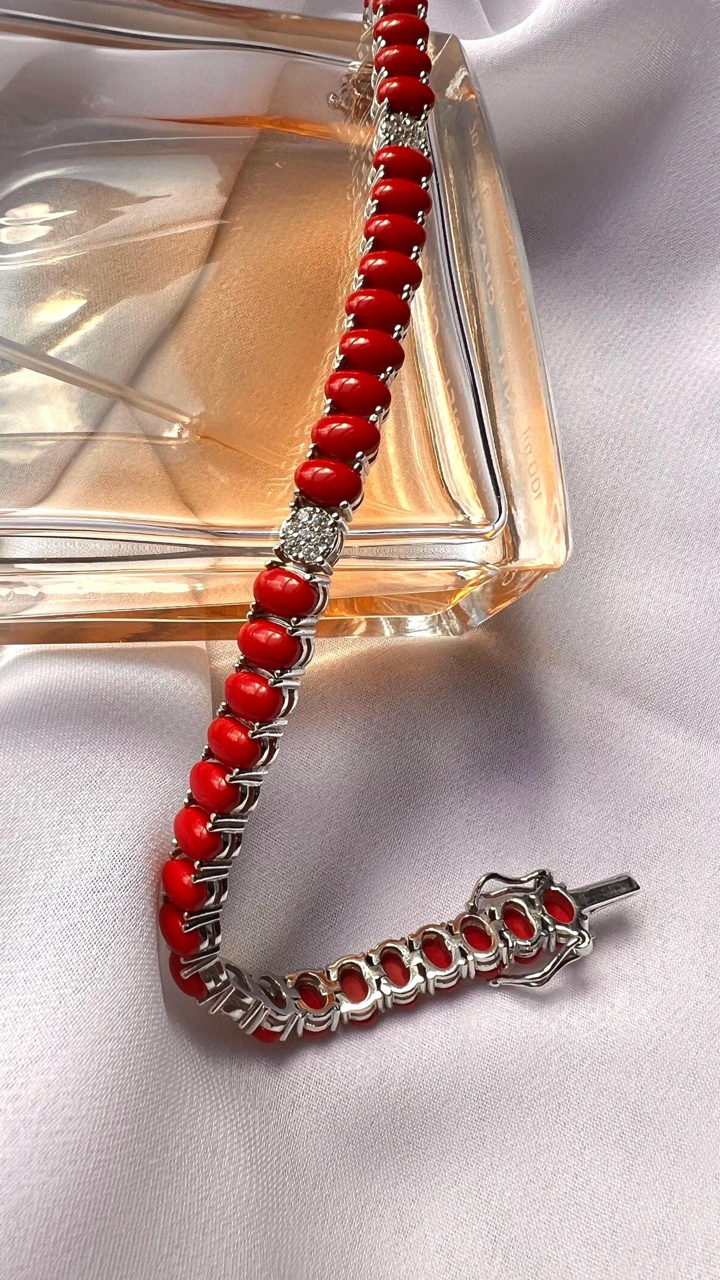 Sterling Silver Coral Tennis Bracelet with CZ Gemstones
