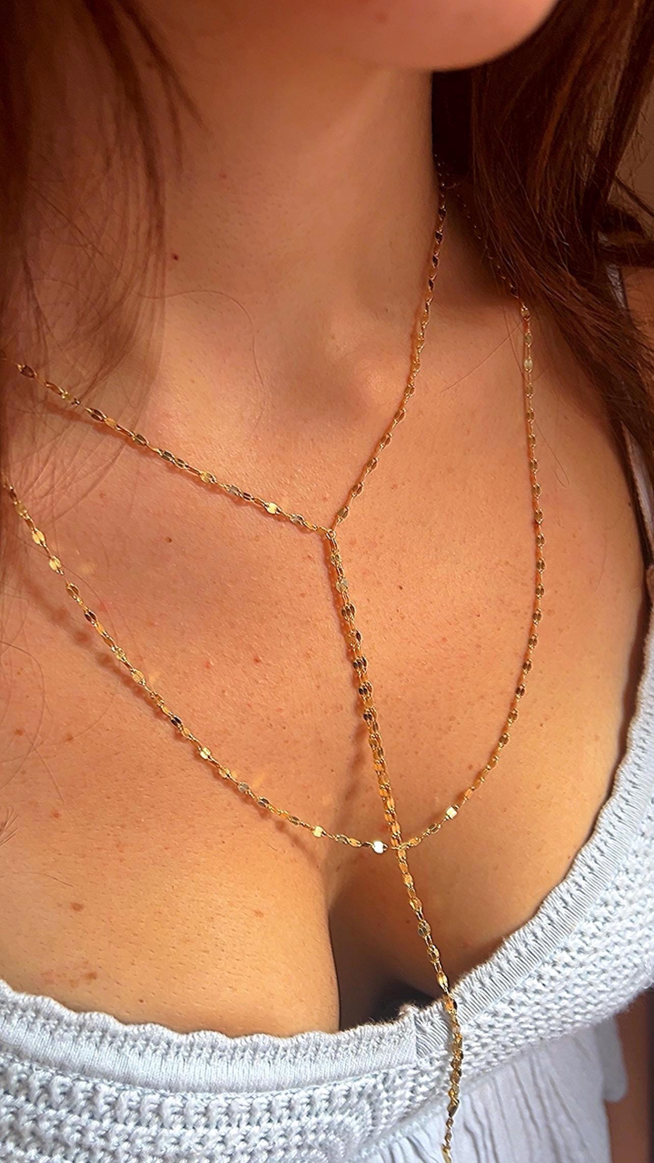 14K Gold Plated Lariat Necklace: Double Strand Y Drop Chain