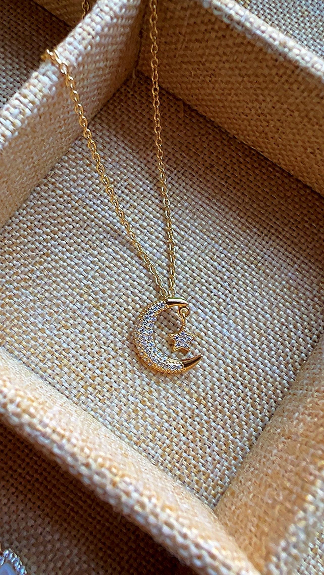 Gold Crescent Moon Necklace,Sterling Silver Celestial Pendant,Dainty Jewelry,Minimalist Lunar Pendant,Crescent Moon Star Necklace