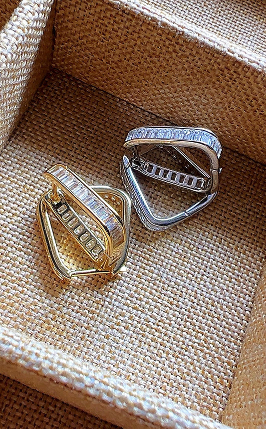 Sterling Silver Square Hoop Earrings: Baguette Cubic Zirconia Huggies