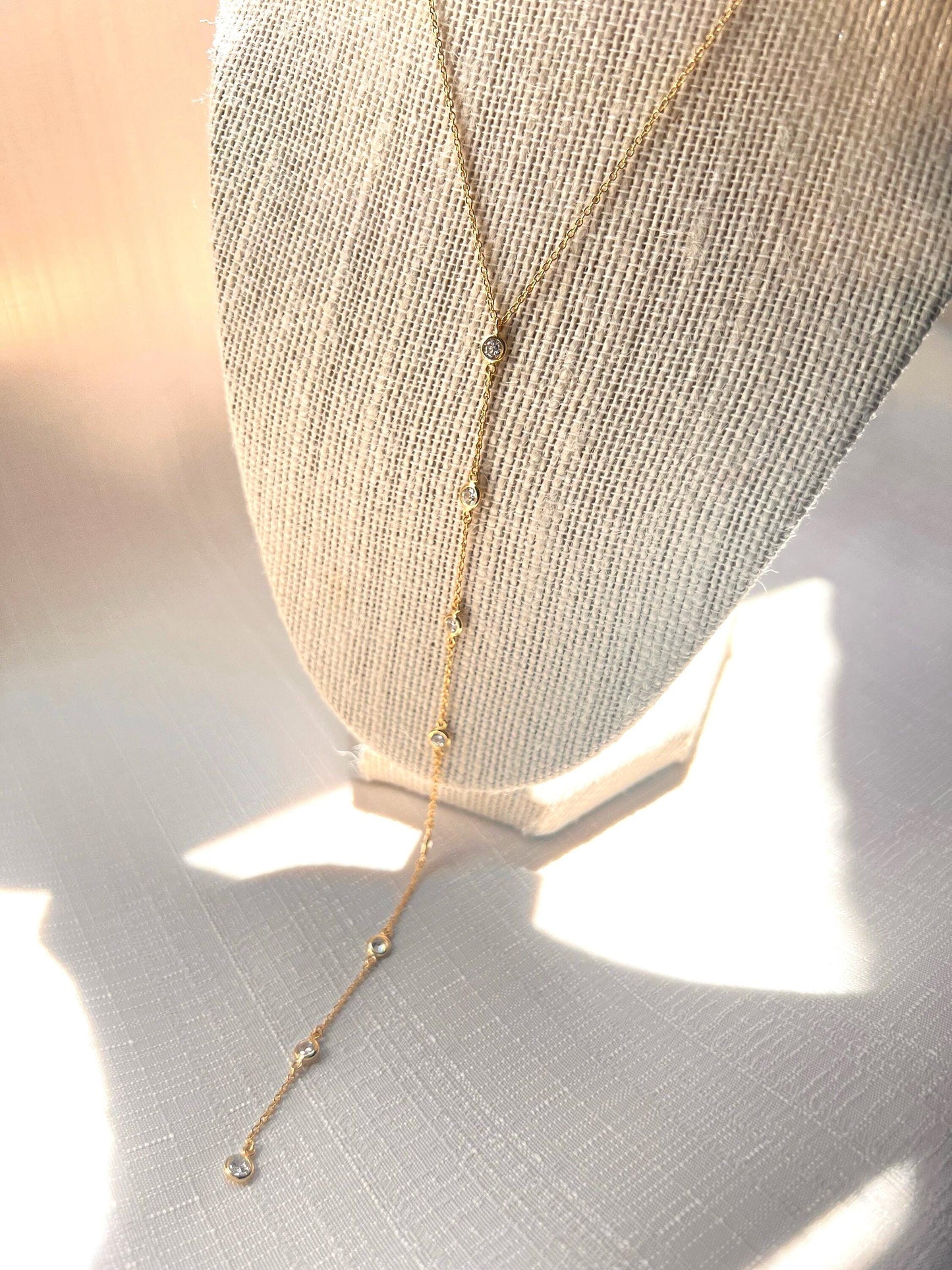 14 K Gold Plated Lariat Necklace with CZ Dainty Layering necklace minimalist gold jewelry CZ drop pendant gift for her everyday jewelry