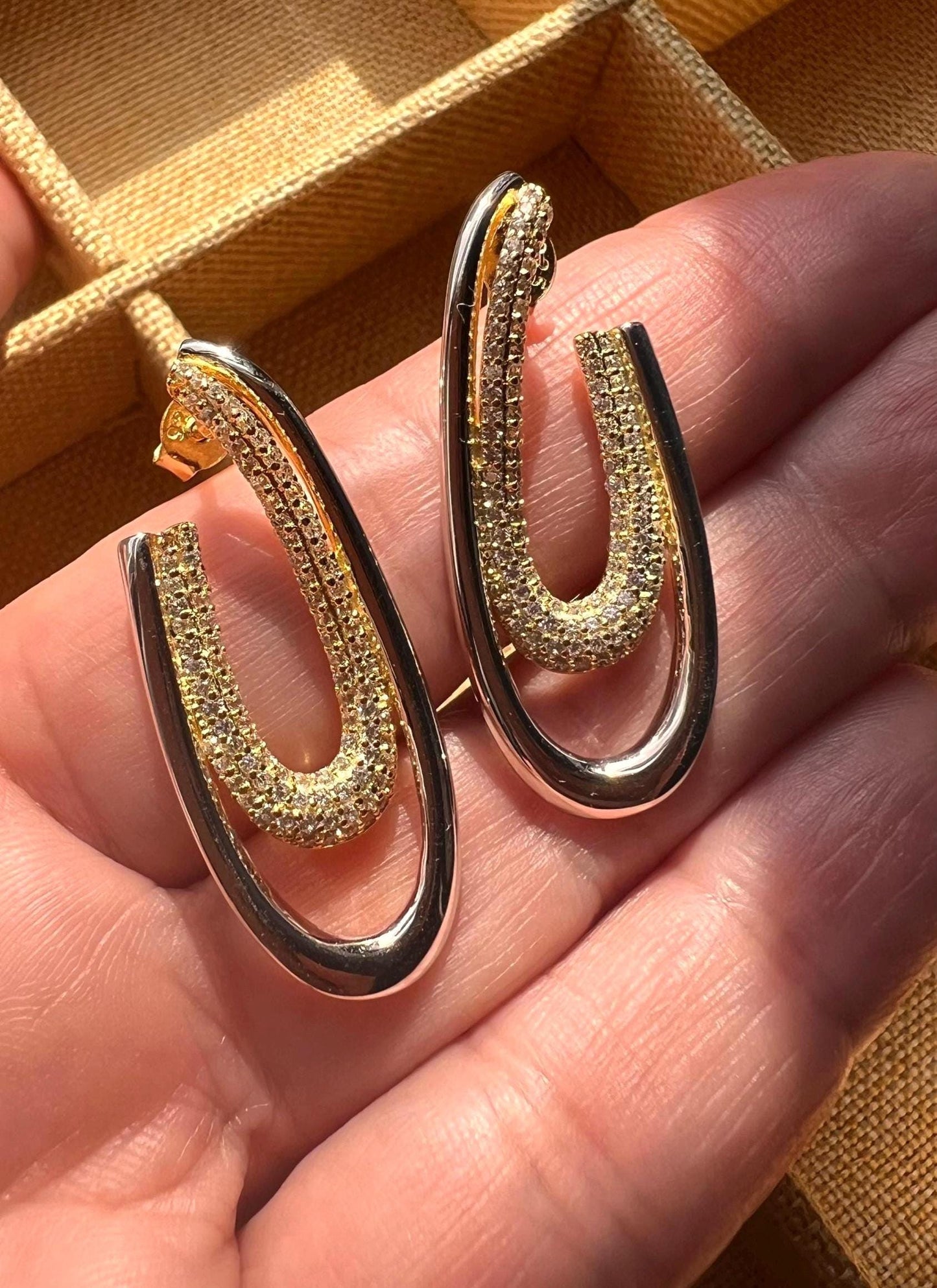 Two-Tone Oval CZ Earrings: Mixed Metal Geometric Jewelry