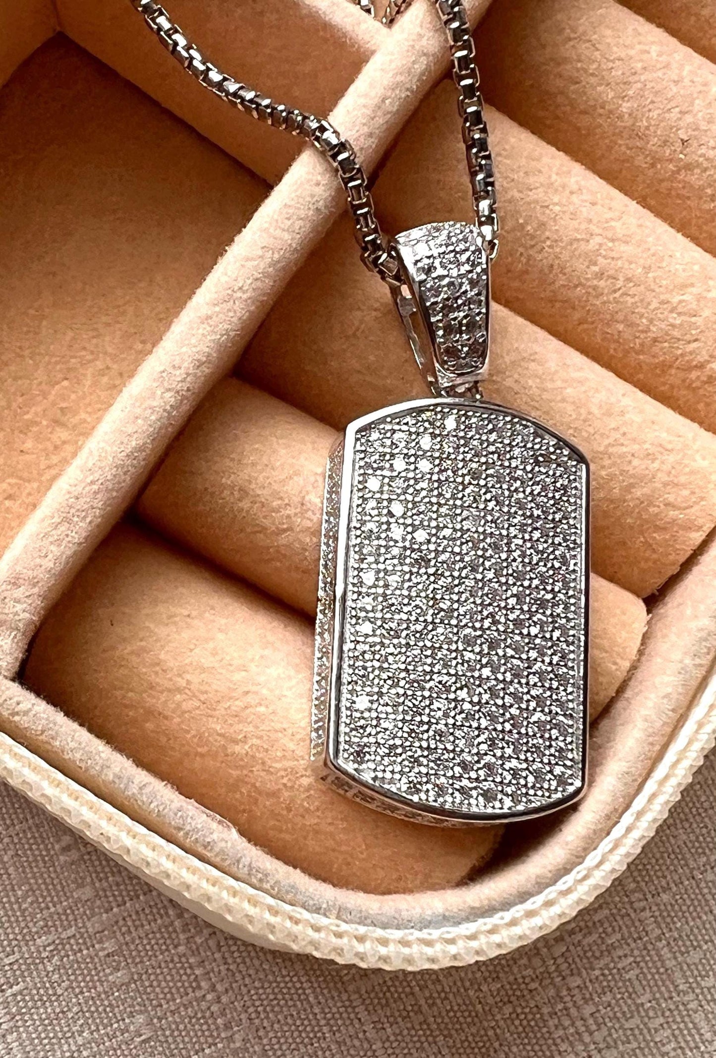 Men's Pave Cubic Zirconia Dog Tag Necklace - Sterling Silver