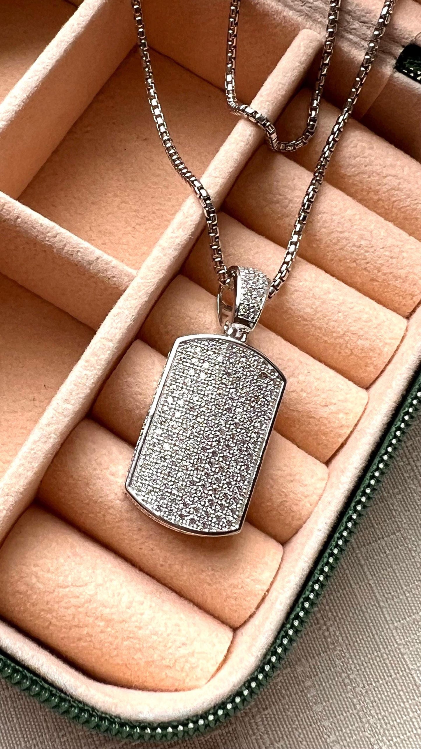 Men's Pave Cubic Zirconia Dog Tag Necklace - Sterling Silver