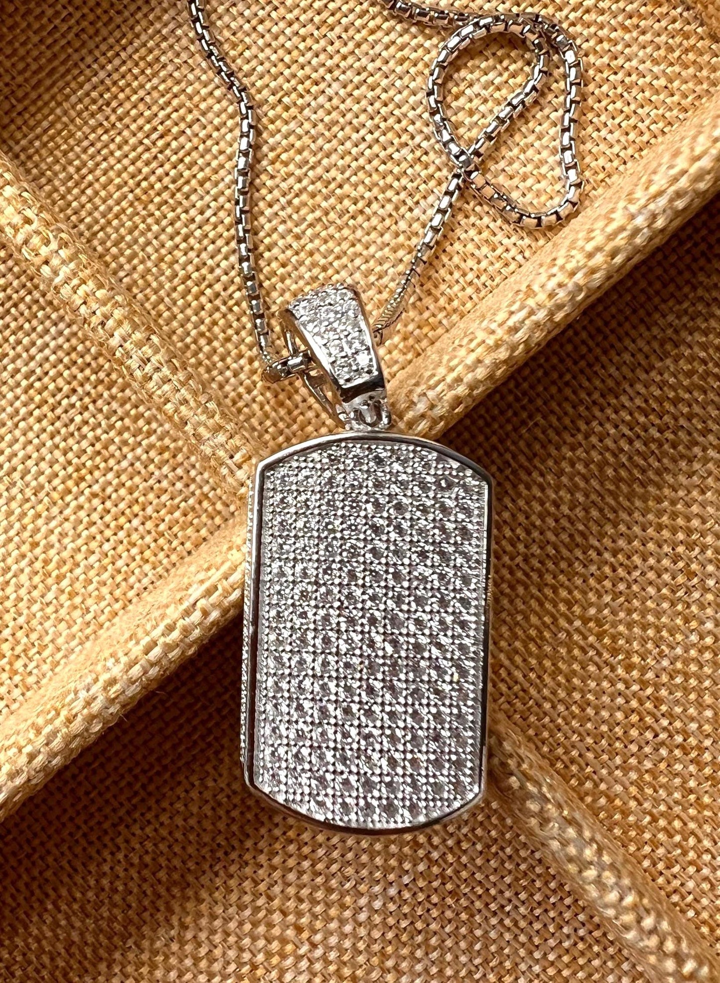Men's Pave Cubic Zirconia Dog Tag Necklace - Sterling Silver