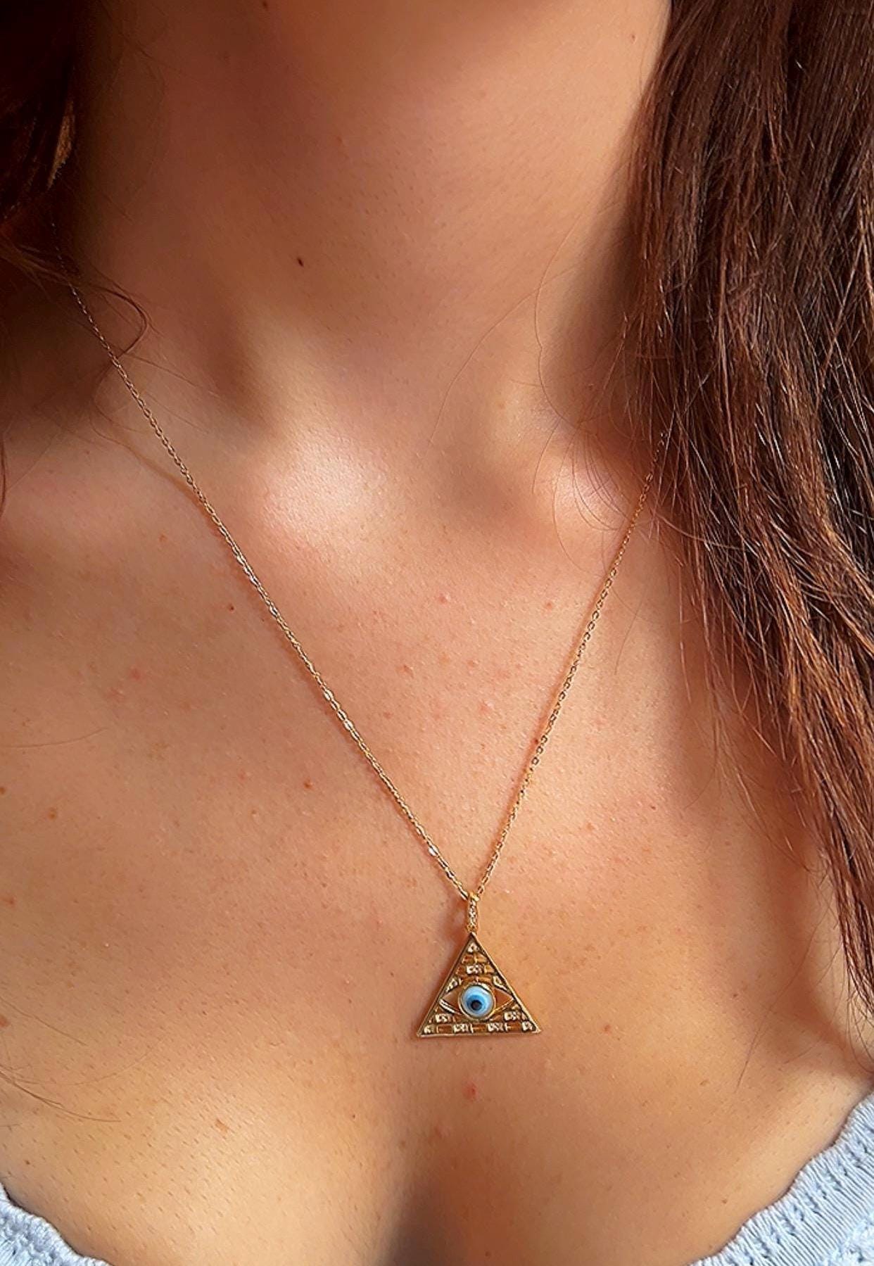 14K Gold Plated Triangle Evil Eye Pendant Necklace,Evil Eye Jewelry,Protection Jewelry, Everyday Jewelry,Unisex Jewelry