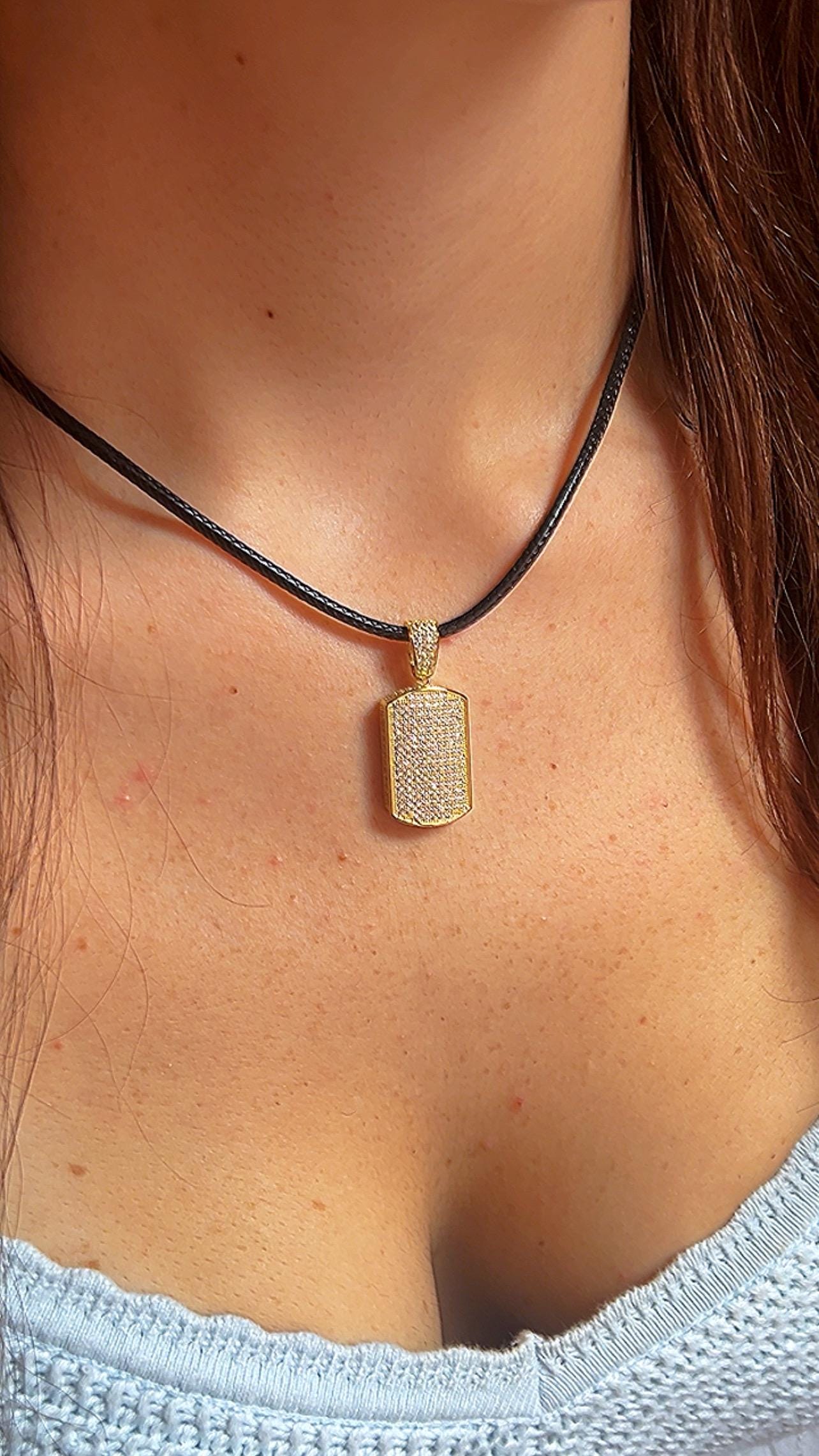 Leather Choker, 14K Gold Plated Dog Tag Pendant, Cubic Zirconia jewelry,Tag Jewelry,Pave Cubic Zirconia Silver Necklace