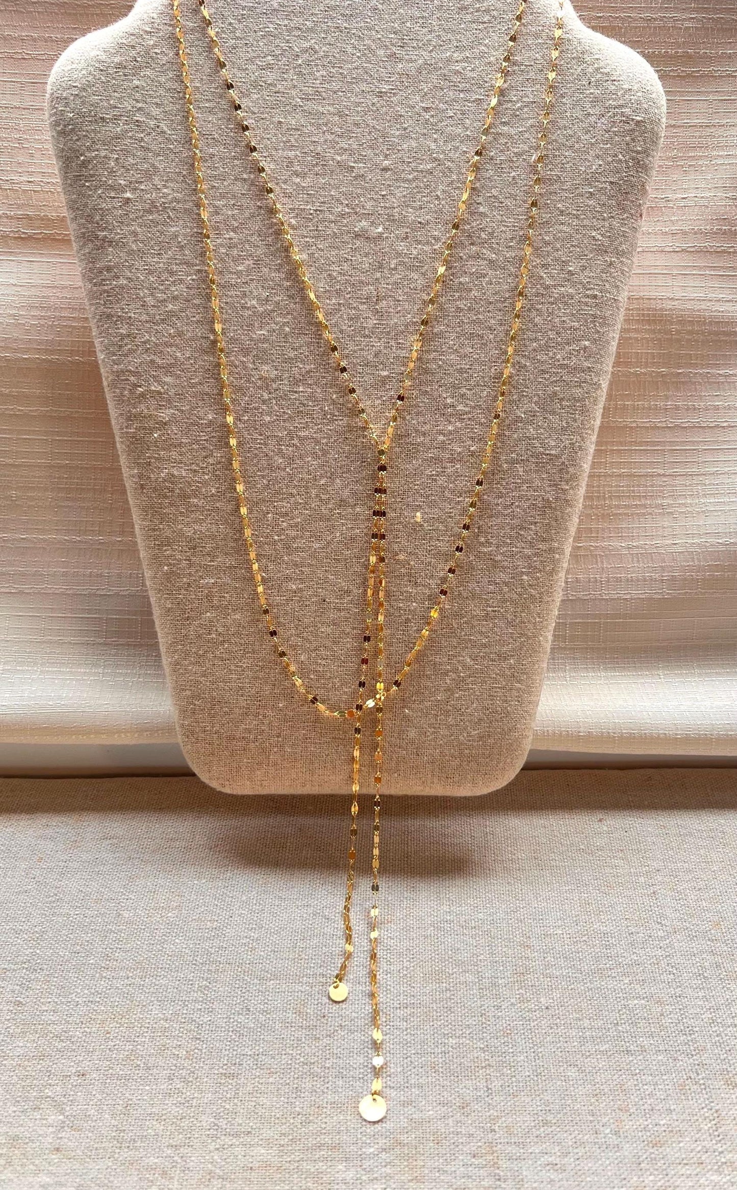 14K Gold Plated Lariat Necklace: Double Strand Y Drop Chain
